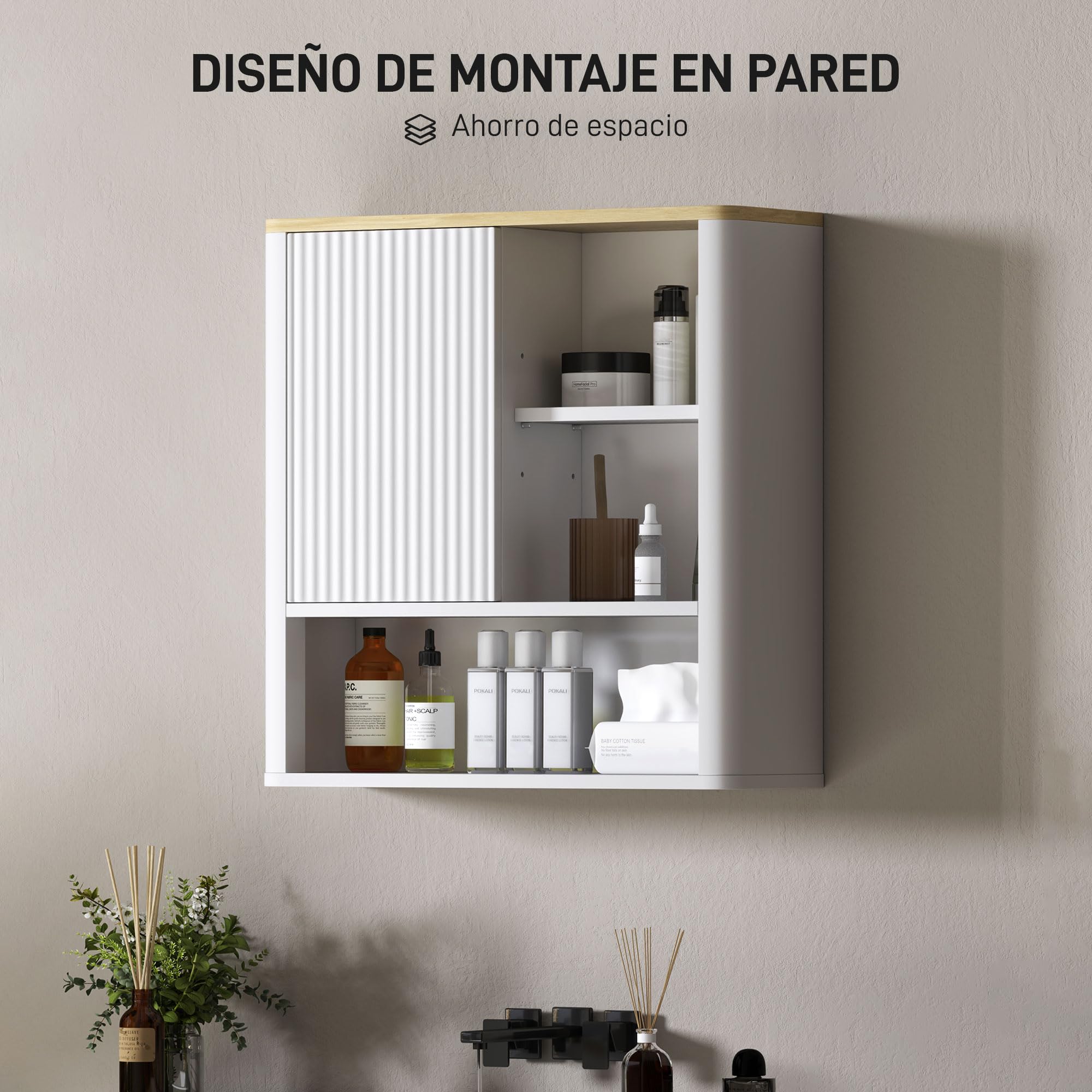 HOMCOM Armario de Baño de Pared Mueble de Baño Colgar con Estantes Ajustables Puerta Corredera Compartimentos y Diseño con Perfil Curvo 60x20x62 cm Blanco