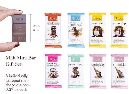 Vista 12 de Chuao Chocolatier Mini caja de regalo de chocolate con leche, barras surtidas de chocolate gourmet europeas sin conservantes, para cestas de regalo
