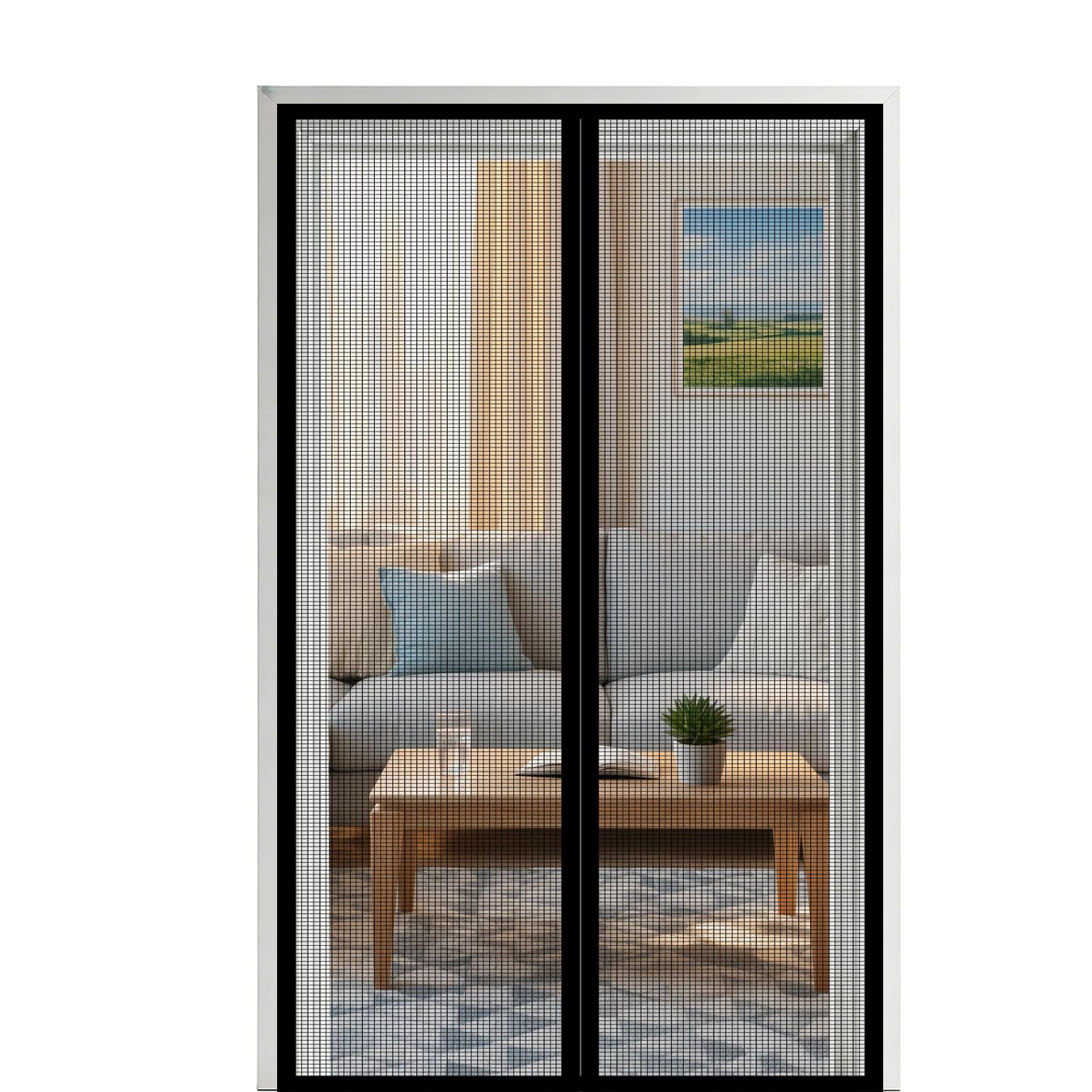 Screen Door 195 x 230 cm Self Sealing Powerful Magnets Heavy Duty Fly Screen Mesh with Powerful Magnets & Full Frame Magic Tape Suitable for Patio Doors Balcony Bedroom, Black