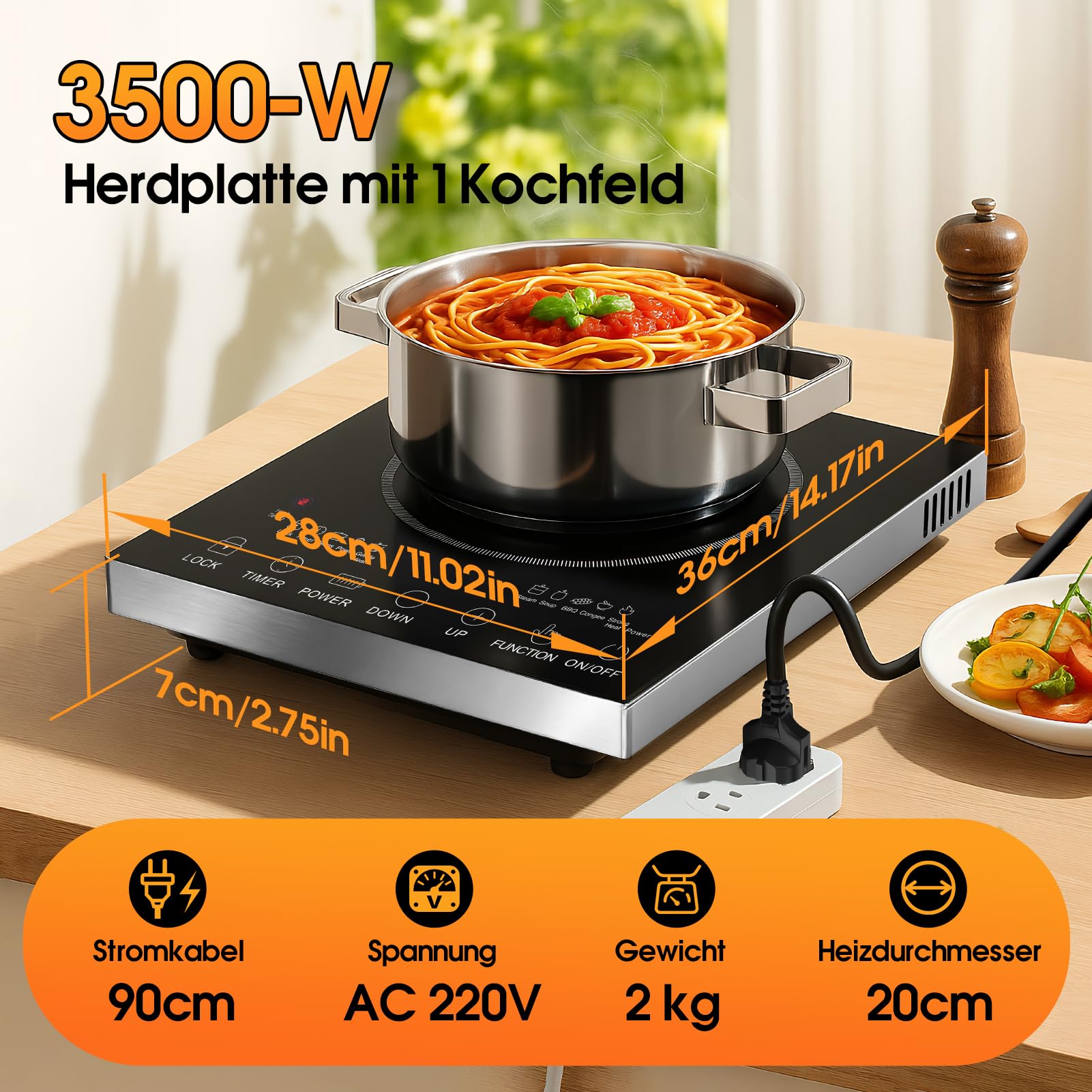 3500W Infrarot Elektro Kochplatte, Touch Steuerung mit 0-3H Timer, 4 Kochprogramme, Hitzebeständige Glasoberfläche Herdplatte Heizplatte für Küche Camping Außenbereich