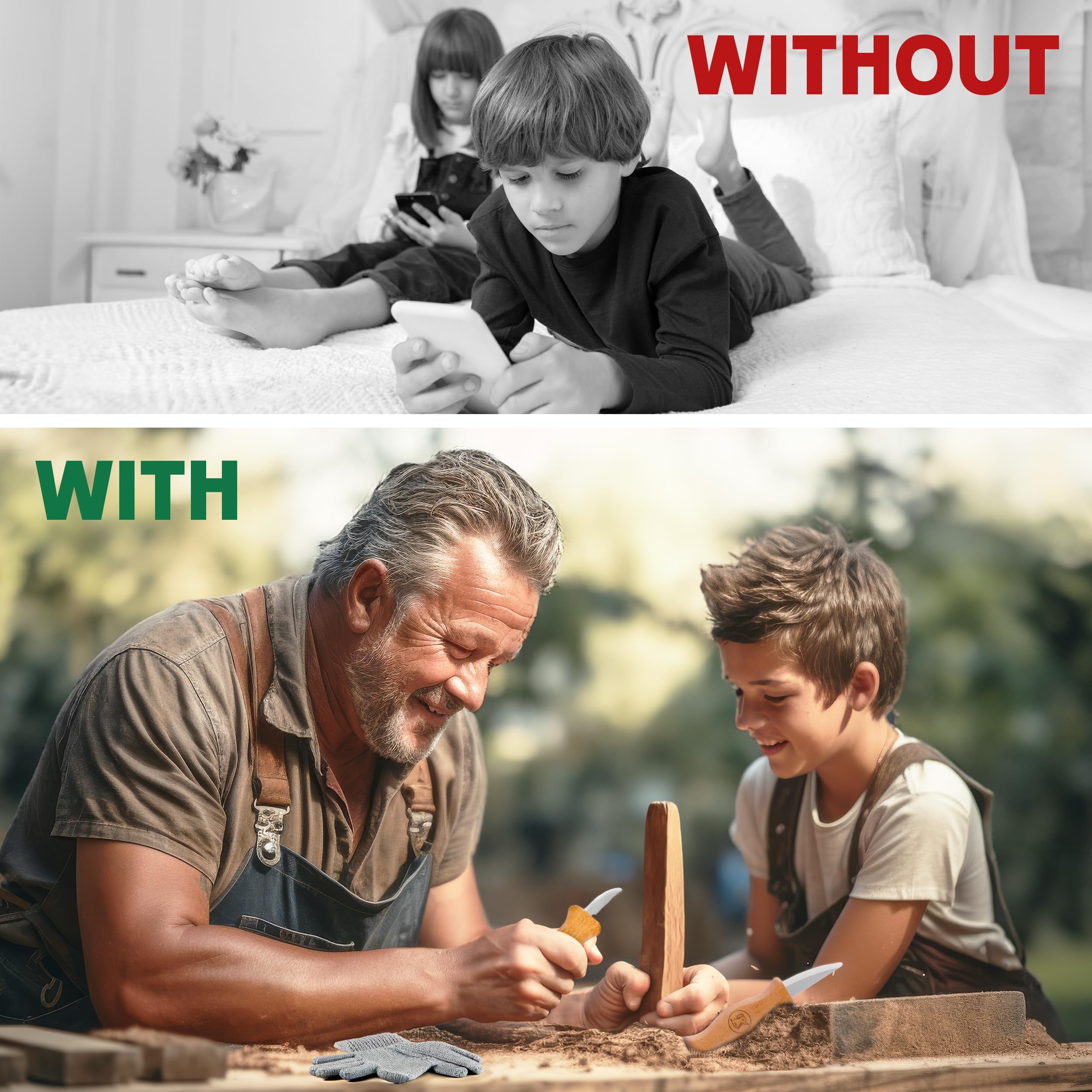 Eli®Set di coltelli da intaglio per bambini a partire da 6 anni, set di coltelli da intaglio per bambini di alta qualità da 8 pezzi, inclusi guanti, utensili da intaglio, legno di tiglio