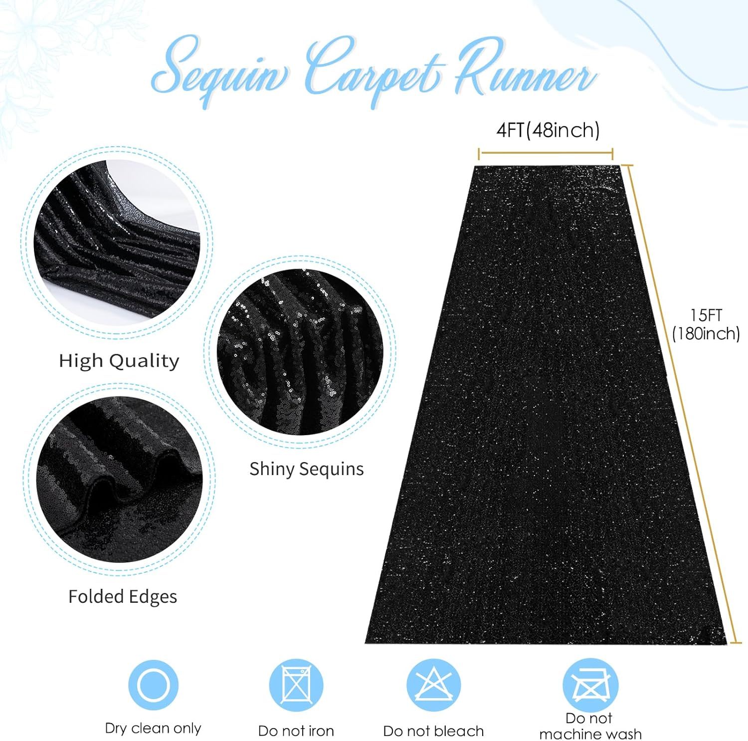 Black Shimmer Aisle Runner 4ftx15ft Sequin Aisle Runner Parties Carpet Runner Ceremony Glitter Rug Runner