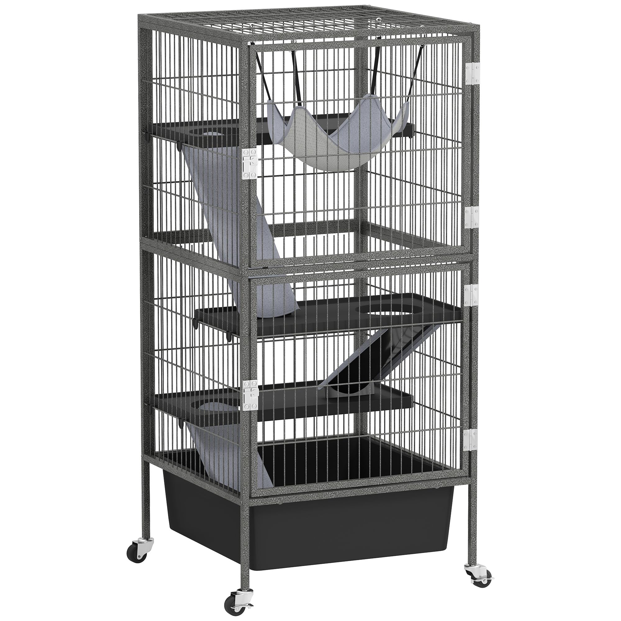 PawHut Gabbia per Piccoli Animali/Furetti 52x52x115 cm Grigio | Piattaforme, Rampe e Amaca, Vassoio Rimovibile, Ruote con Freno, Casetta per Conigli e Furetti a 4 Livelli