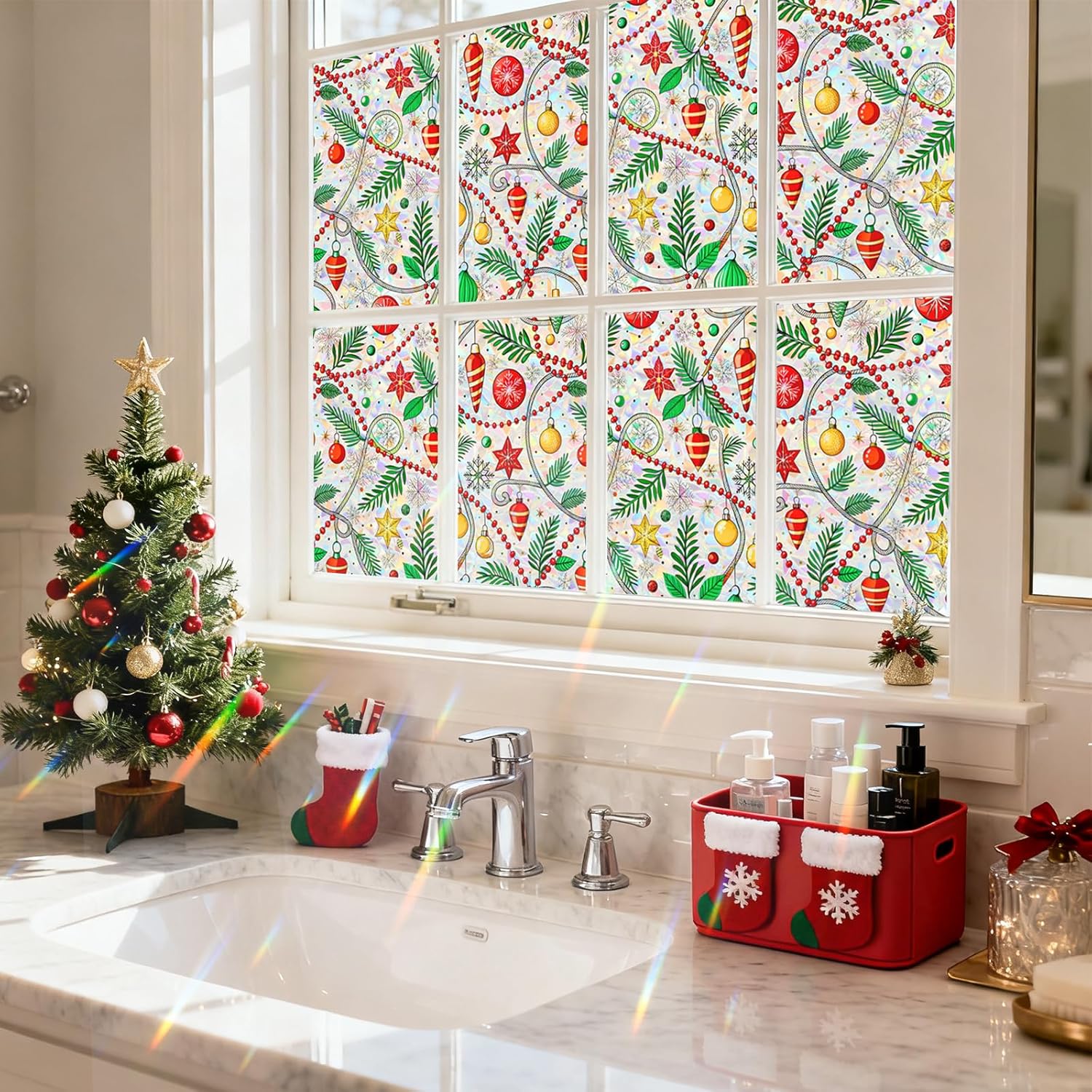 Condition photo showing New/Like New for somwise rainbow window privacy film,heat control,uv blocking,anti-glare,day & night privacy protection & decoration for home, bathroom,glass door,static cling,renter-friendly with installation tools christmas tree lights 23.5*78.5