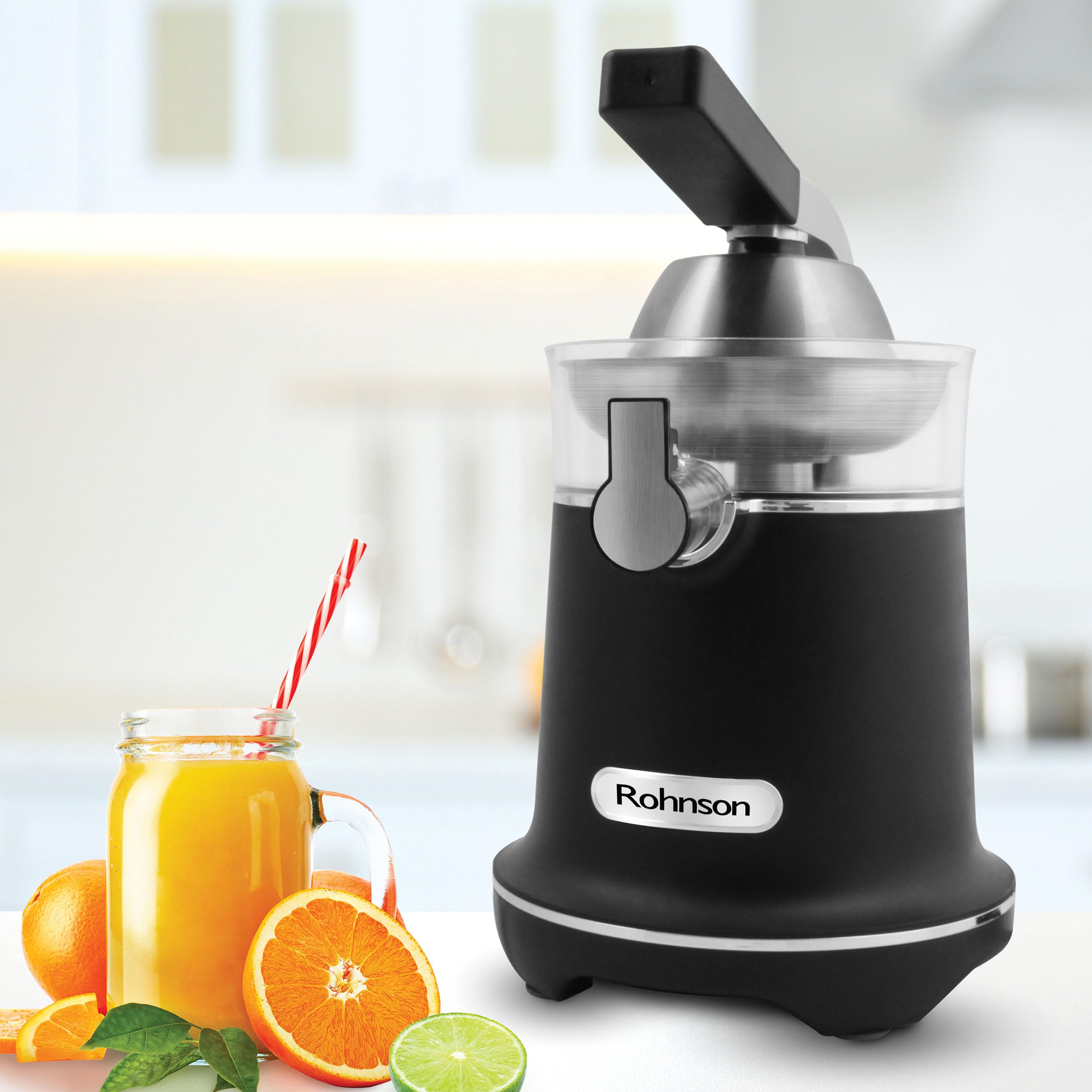 Rohnson Saftpresse Elektrisch R-465 – 1000W Orangenpresse Elektrisch mit Edelstahl-Filter, Ergonomischem Griff, Zwei Presskegeln, Anti-Tropf Ausguss, Spülmaschinenfest, Zitronen- & Zitruspresse