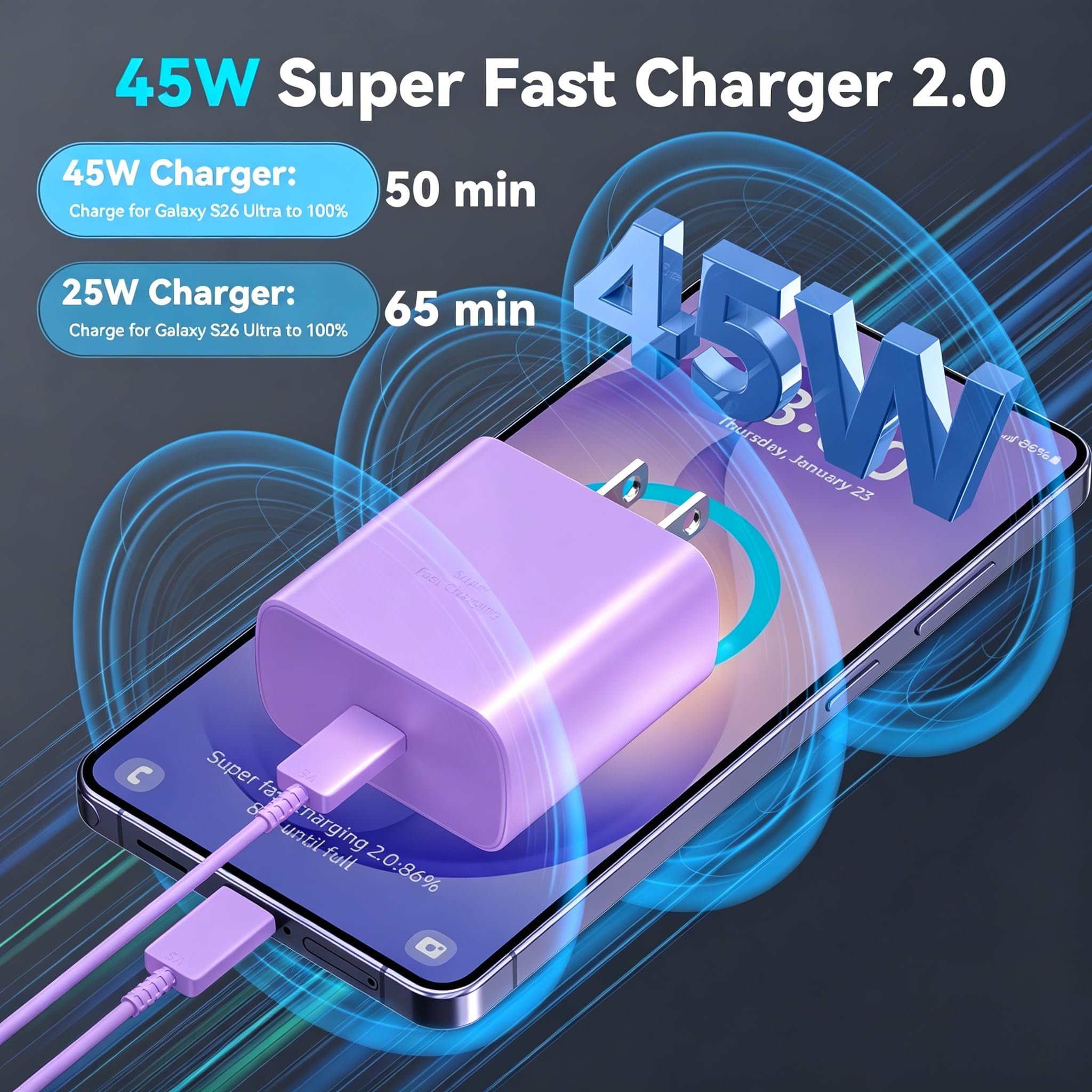 Cargador súper rápido de 45 W USB C para teléfono Android tipo C, bloque de carga rápida con cable de carga de 6.6 pies para Samsung Galaxy S25 Ultra/S25+/S24 Ultra/S24+/S23 Ultra/S23+/S22/S21/S20