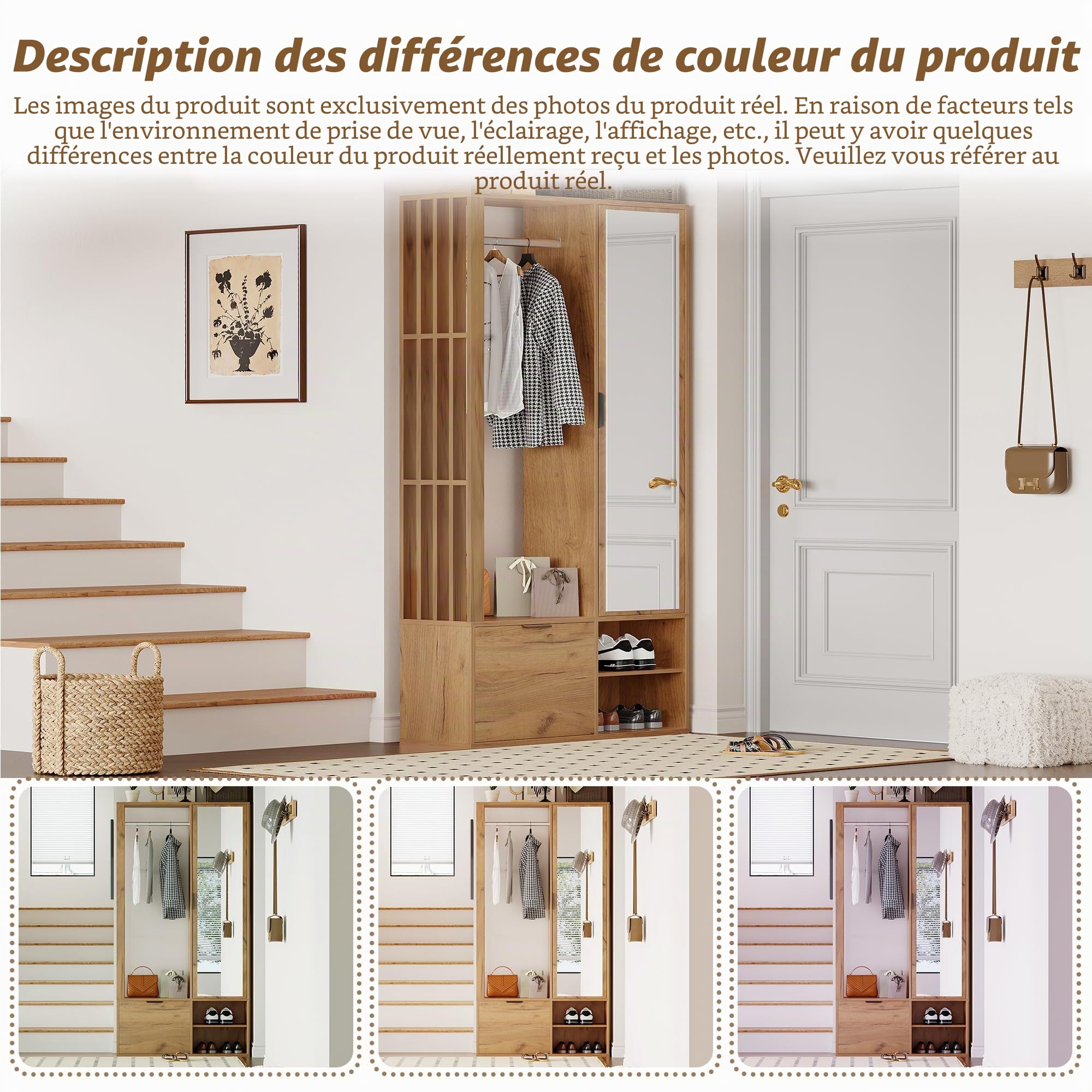 Merax - Armoire de couloir moderne 100x33x190 cm – Meuble de couloir 6-en-1 avec miroir, armoire à chaussures, porte-vêtements ouvert, étagère et banc – Armoire en bois pour l'entrée et le couloir