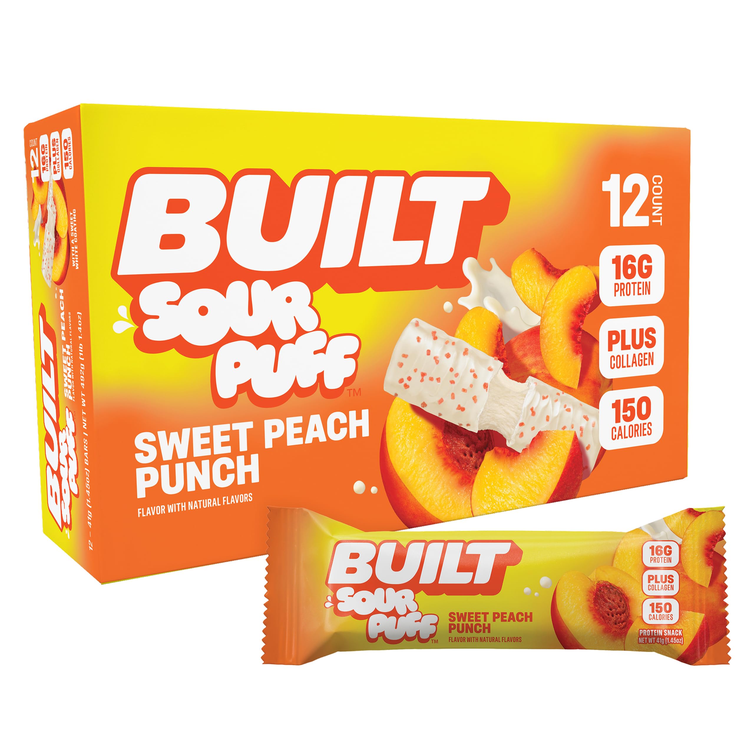 Built Bar Sour Puff Protein Bar Sweet Peach Punch 16g Protein 12 Bars | High Protein Snack Bar - main product image