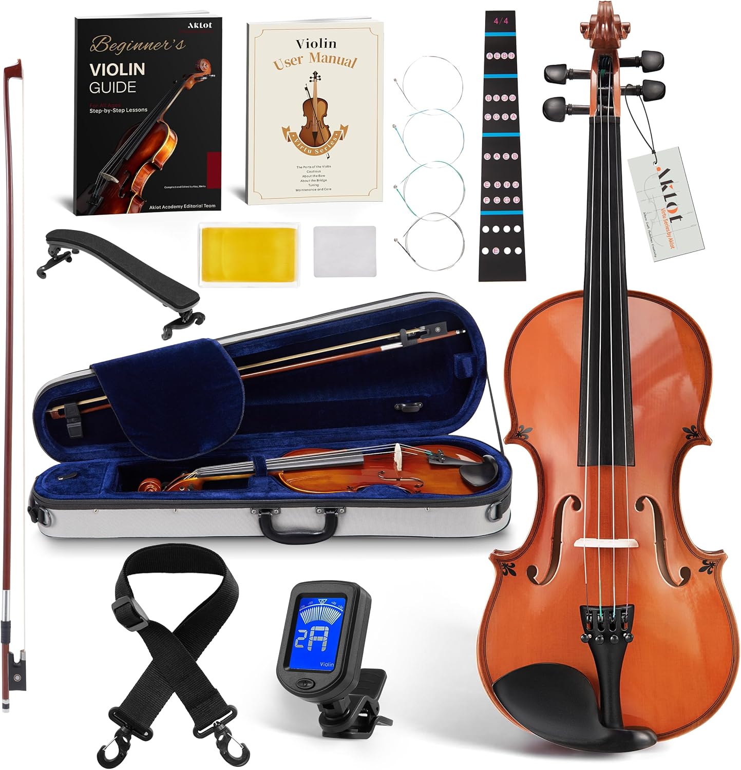 AKLOT Handcrafted Full Size Violin: Solid Wood Glossy Fiddle, Acoustic Beginner 4/4 Violin Kit with Hard Case, Lesson Book, Bow, Shoulder Rest, Extra Strings, Tuner, Fretboard Stickers (VRT-AmiOB)