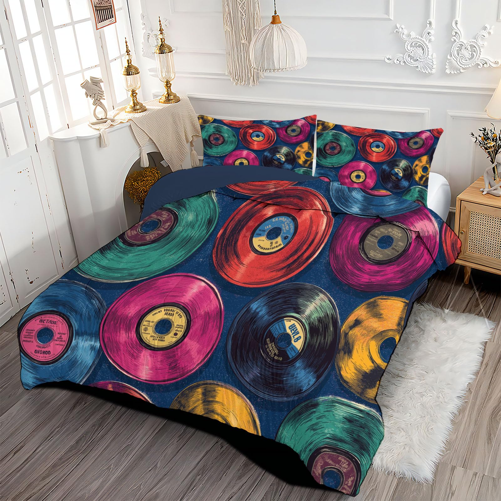 Piumino Letto Piazza E Mezza Con Federe, Piumino Trapuntato Tema Musicale Retrò,Dischi In Vinile Rock Classico Per Tutte Le Stagioni,Trapunta Reversibile Leggero Caldo,240X220Cm,Blu Scuro