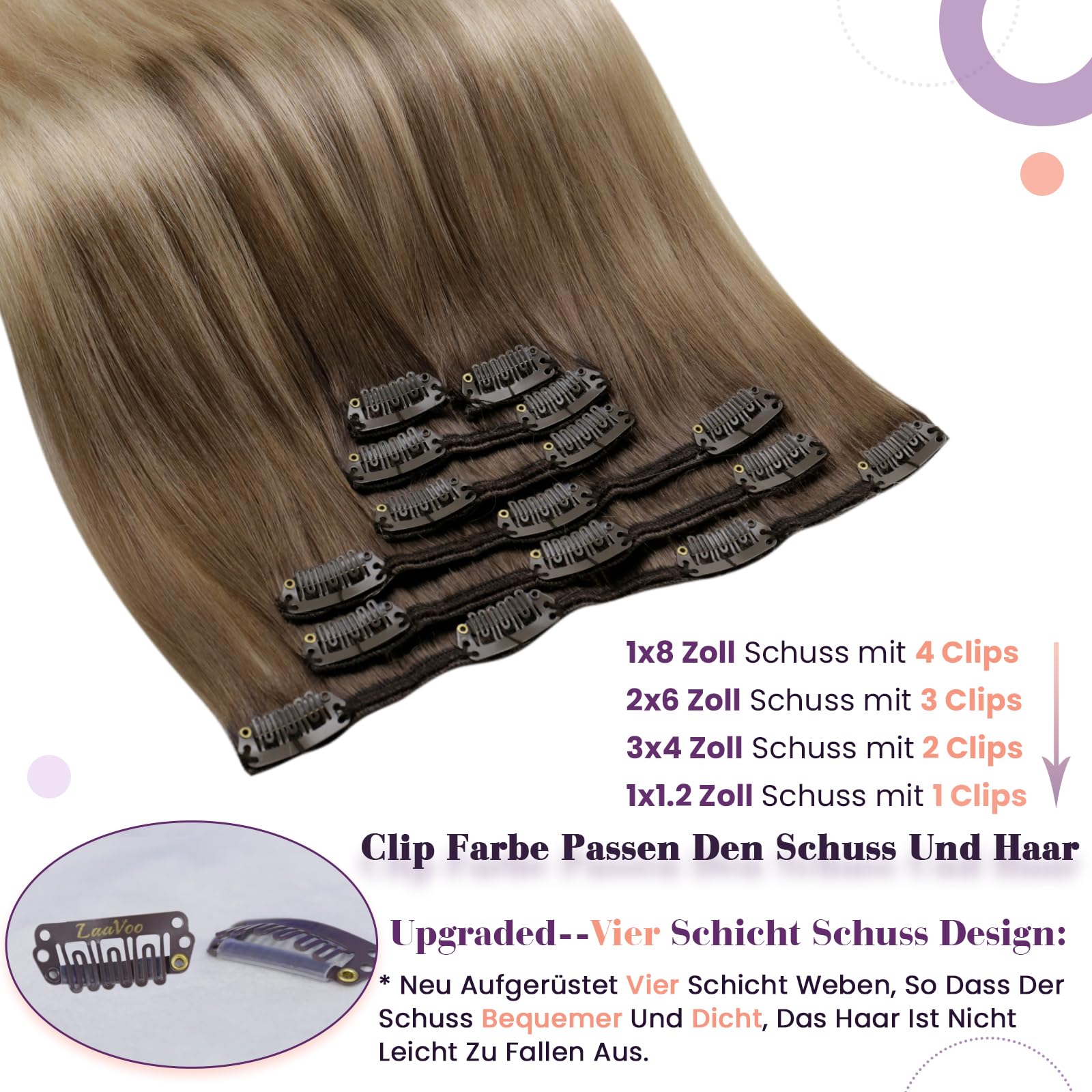 LaaVoo Clip in Hair Extensions Real Human Hair Blonde Hair Extensions Clip in Balayage Light Brown to Ash Blonde Full Head 150g 7pcs 24 Inch Straight Remy Hair Double Weft #8/18/60 - Image 2