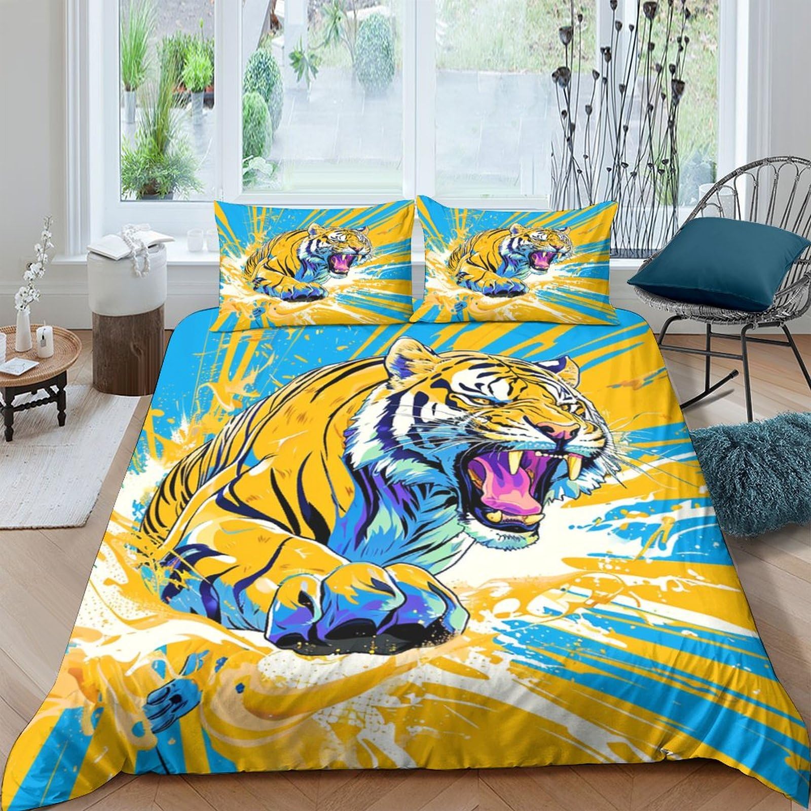 Housse de couette tigre 3 pièces lit double motif animaux sauvages