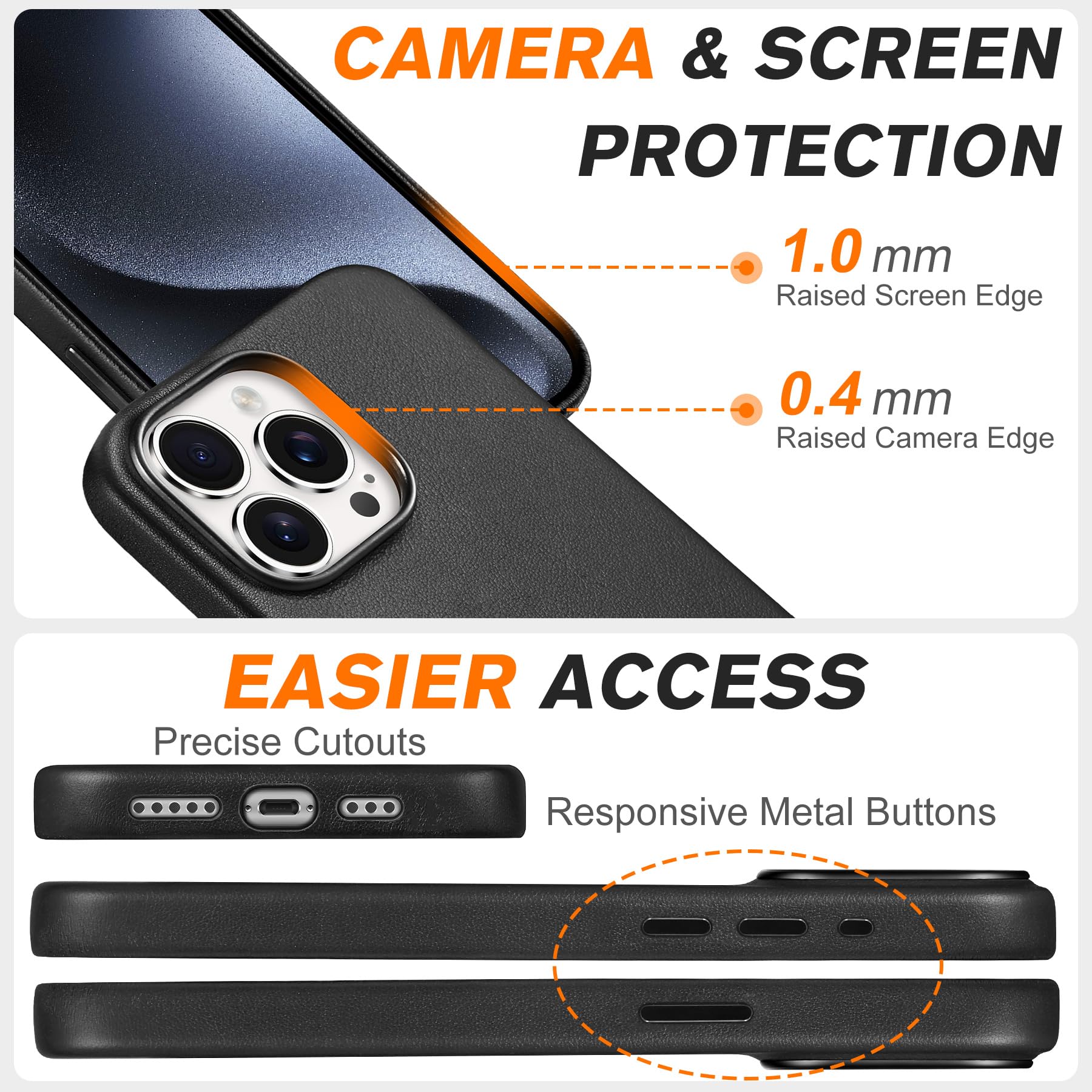 SHIELDON Funda para iPhone 15 Pro, Funda de Cuero Genuino a Prueba de Golpes [Antideslizante][Antiarañazos] Funda de Carga Inalámbrica Magnética Compatible con iPhone 15 Pro - Negro