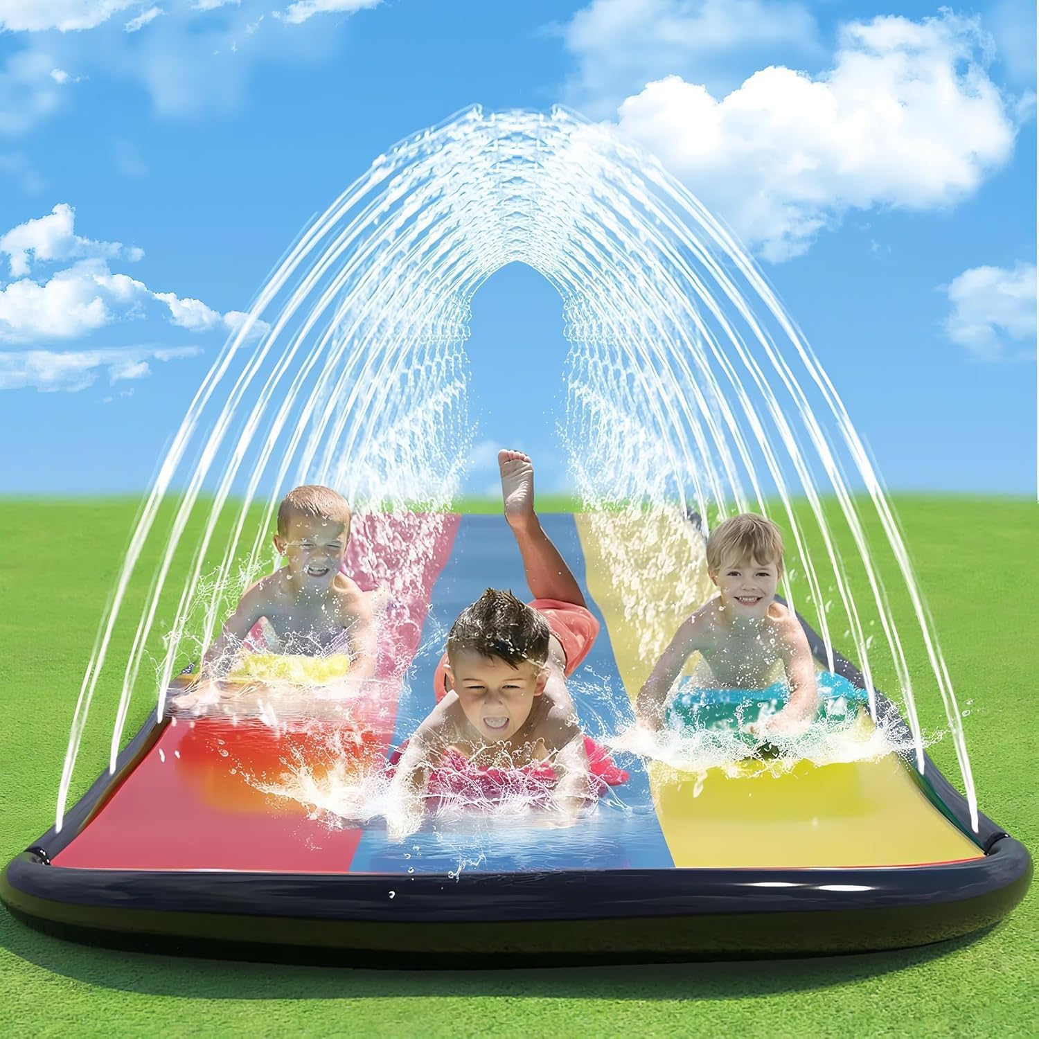 Generisch Wasserrutsche Garten für Kinder, 488x208cm Dreispurige Rutschbahn mit 3 Bodyboards, Wasserbahn mit Sprinkler, Sommer Wasserspielzeug