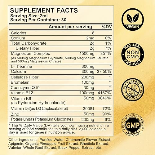 Miniatura 6 de Complejo de glicinato de magnesio de 500 mg, gota líquida de magnesio con citrato de magnesio, calcio, potasio, vitamina D3, zinc, suplemento de