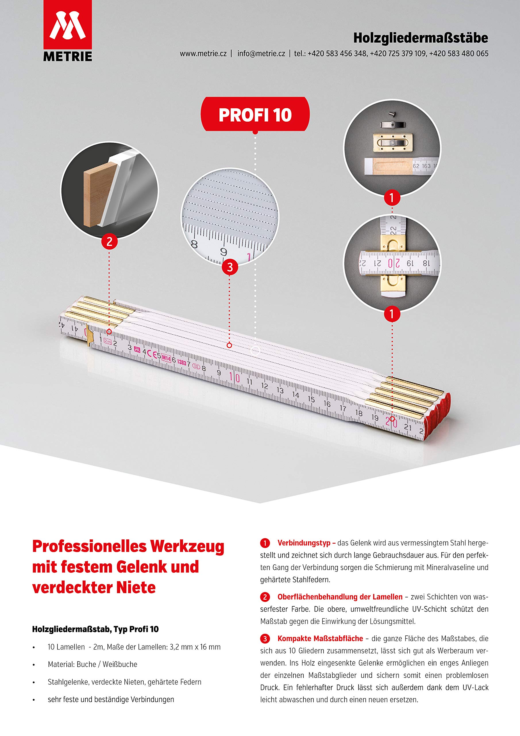 Metrie Profi 10 calówek/calówek - skala ogniw | skala - 2 m - białe - podział dwustronny, wyprodukowane w UE - 10 sztuk