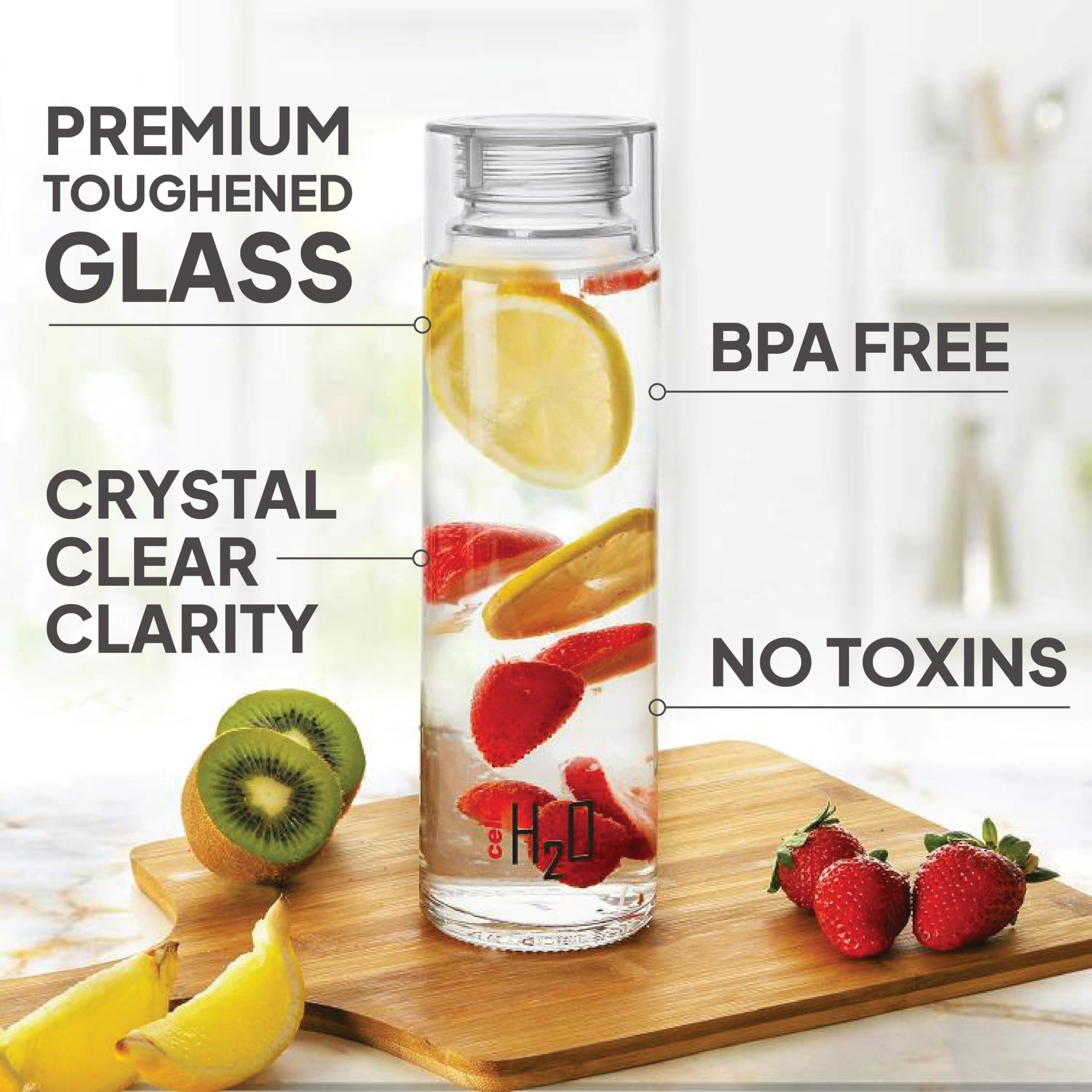 CELLO H2O Glass Water Bottle for Office & Daily Use 920 ml, Transparent | Durable & Stylish, Freezable & Fridge Safe, Leakproof Wide Mouth Leadfree Toughened Glass Water Bottle For Kitchen & Travel