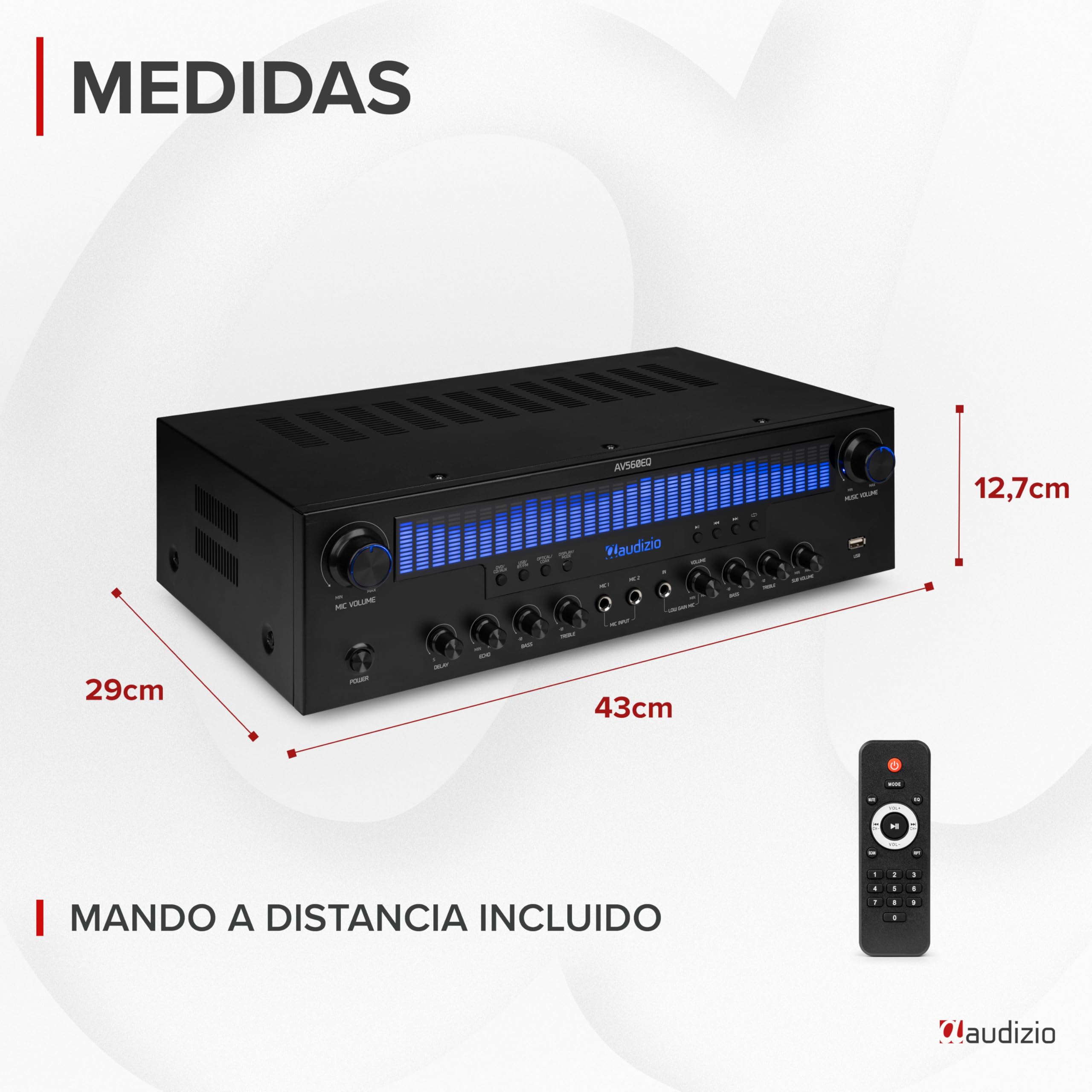 Audizio AV560EQ - Amplificador 5.1 con Bluetooth 5.0, USB, Radio FM, entradas óptica y coaxial, micrófonos con Eco y delay, 390W de Potencia Total, Mando a Distancia y diseño Elegante Negro
