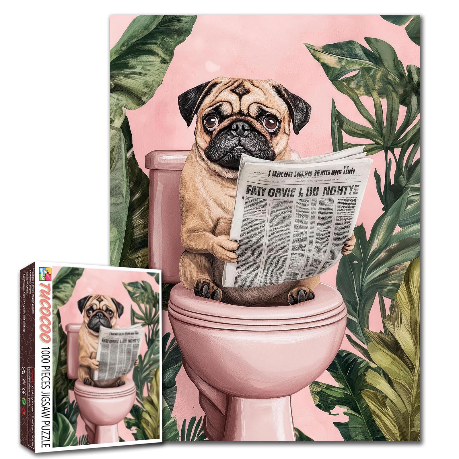 Funny Dog Puzzle 1000 Pieces for Adults, Pug on Toilet Reading Newspaper Jigsaw Puzzle, Humorous Bathroom Animal Artwork with Tropical Leaves, Challenging Puzzles for Dog Lovers, Home Decor Gifts