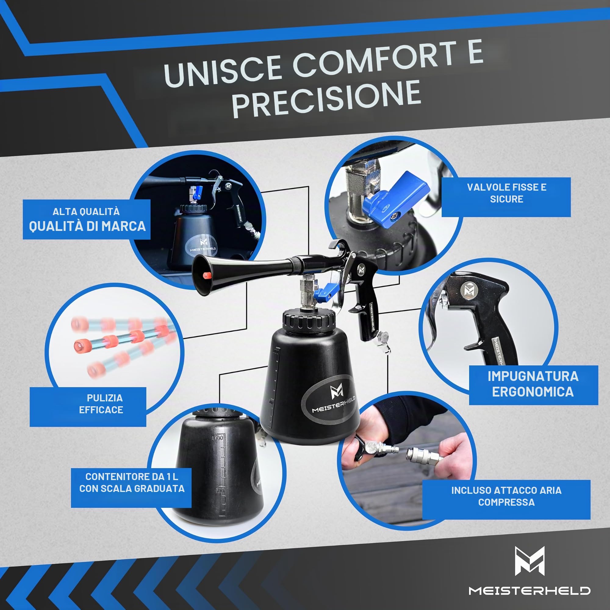 Pistola per pulizia ad aria compressa, pulitore preciso a secco e umido per auto, tappeti & Co – pistola ad aria compressa con serbatoio dell'acqua, spazzola e valvole dosatrici