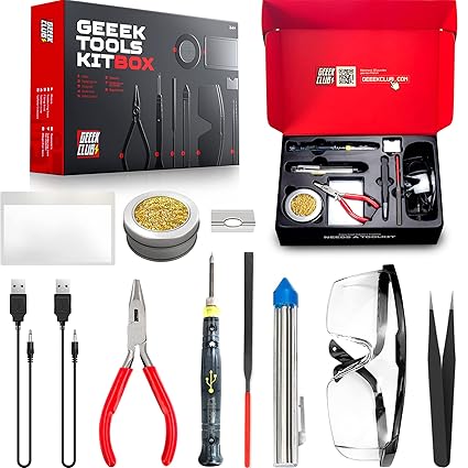 Geeek Club Soldering Kit with Soldering Iron - Geeek Tools Kit Box - Complete DIY Robot Building Toolbox with Filing Tool, Tweezers, Pliers, Solder Wire, Iron Tip, Protective Glasses, Magnifying Lens