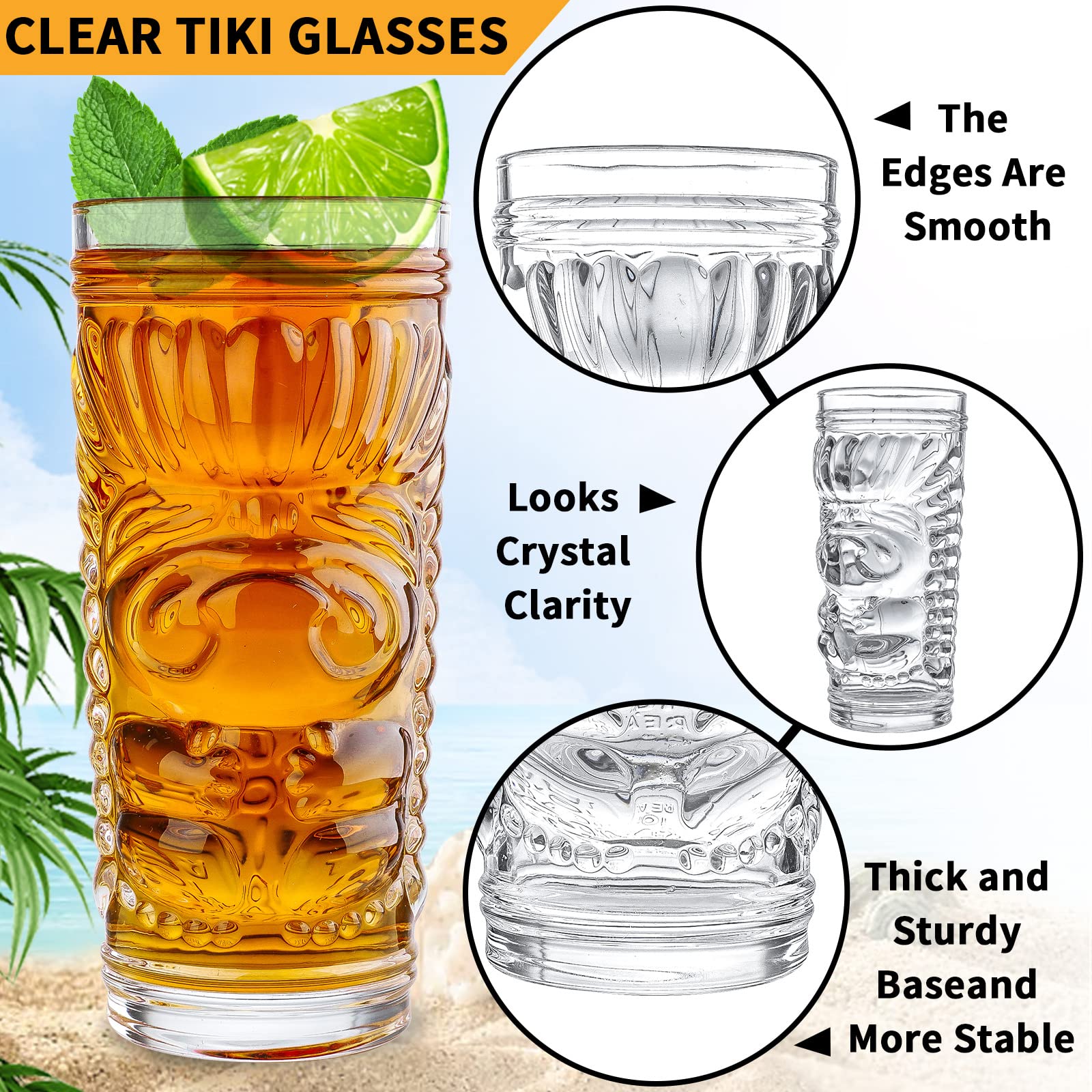 Ensemble De 6 Verres Tiki Transparents - 414 Ml - Design Polynésien