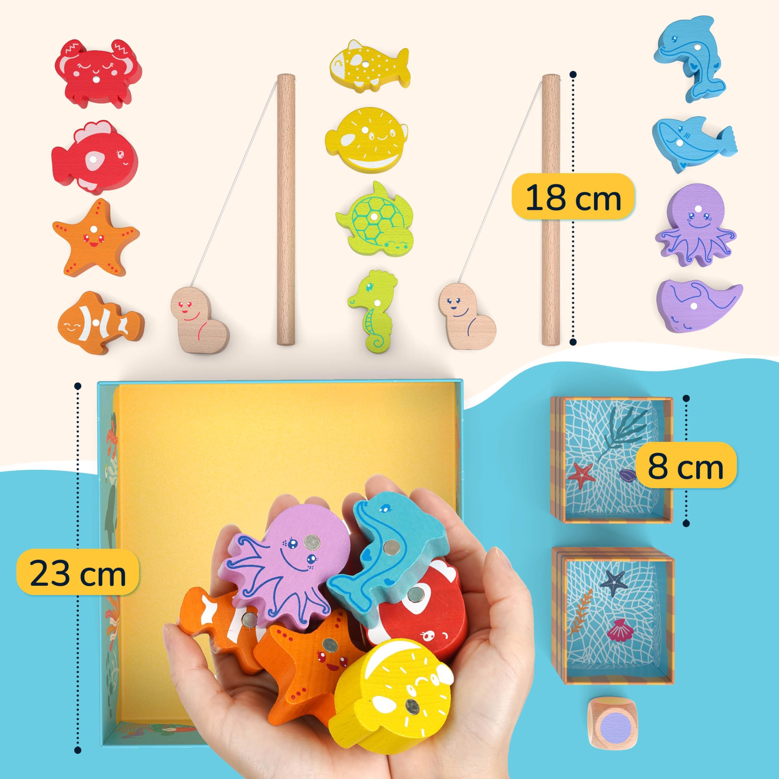 Merle Toys® Magnetisches Angelspiel ab 2 Jahre, 100% FSC, Angelspiel aus Holz mit 2 Angelruten, Montessori Spielzeug ab 2 Jahre, Fische Angeln Spiel, Geschenk für Mädchen und Jungen