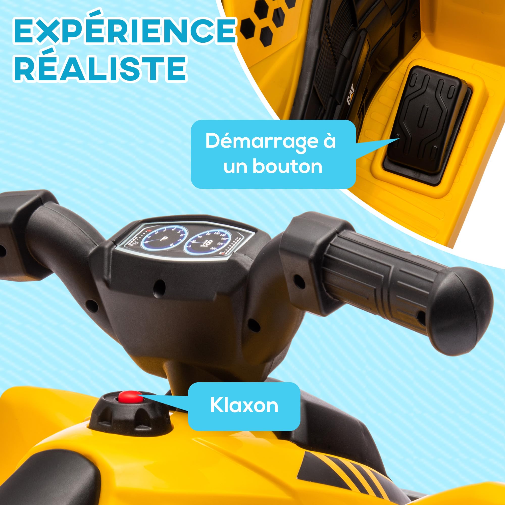 AIYAPLAY Quad électrique pour Enfant sous Licence Caterpillar véhicule à Batterie 6V 2,8 km/h avec klaxon, phares LED, démarrage par Un Bouton, pour 18-36 Mois, Jaune