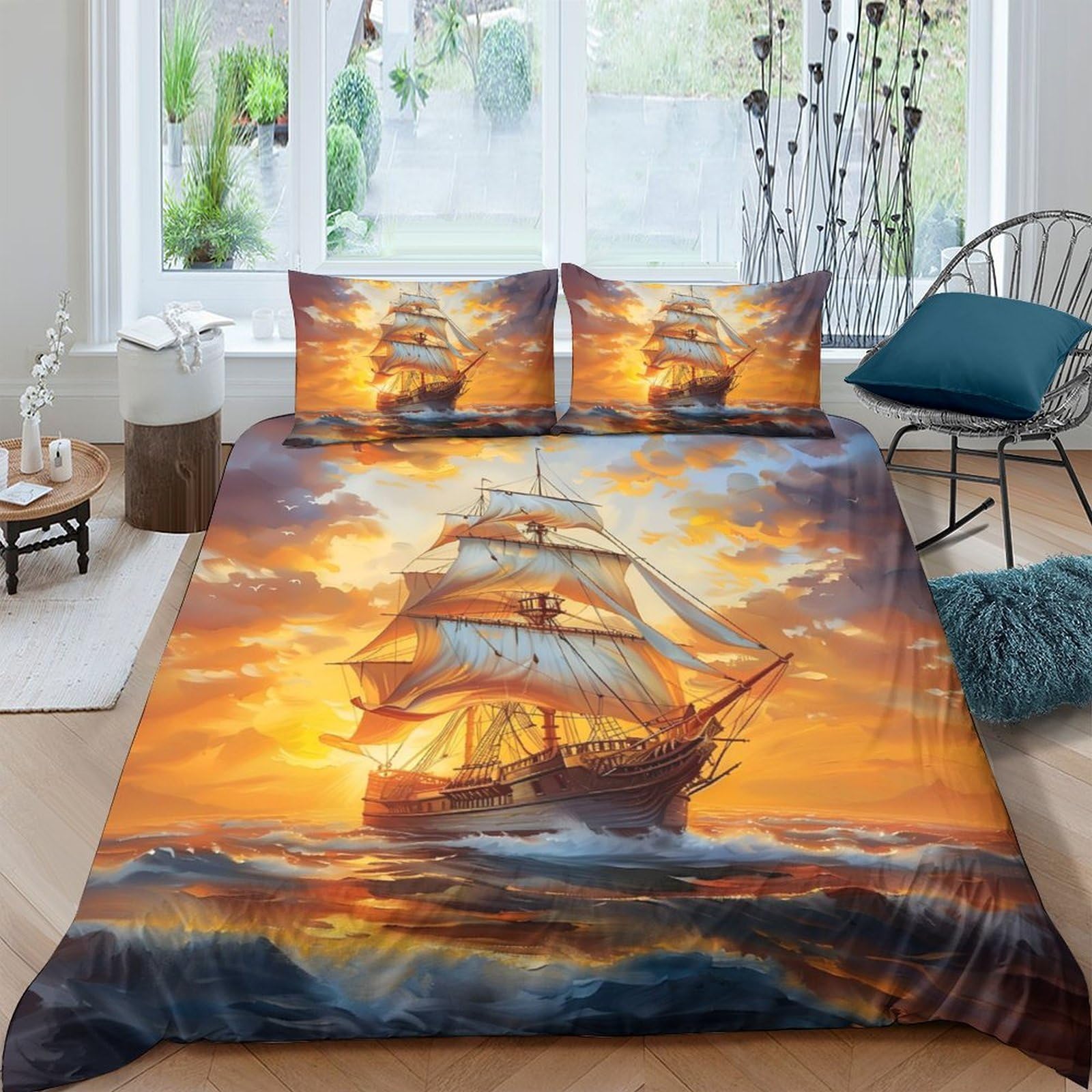 Ctjqhvkz Style-5 3D Printed Sunset Sailing Ship Fitted Sheet Microfiber Bedroom Decor Ocean Voyage Mattress Cover For Home Dorm Single（135X200cm）