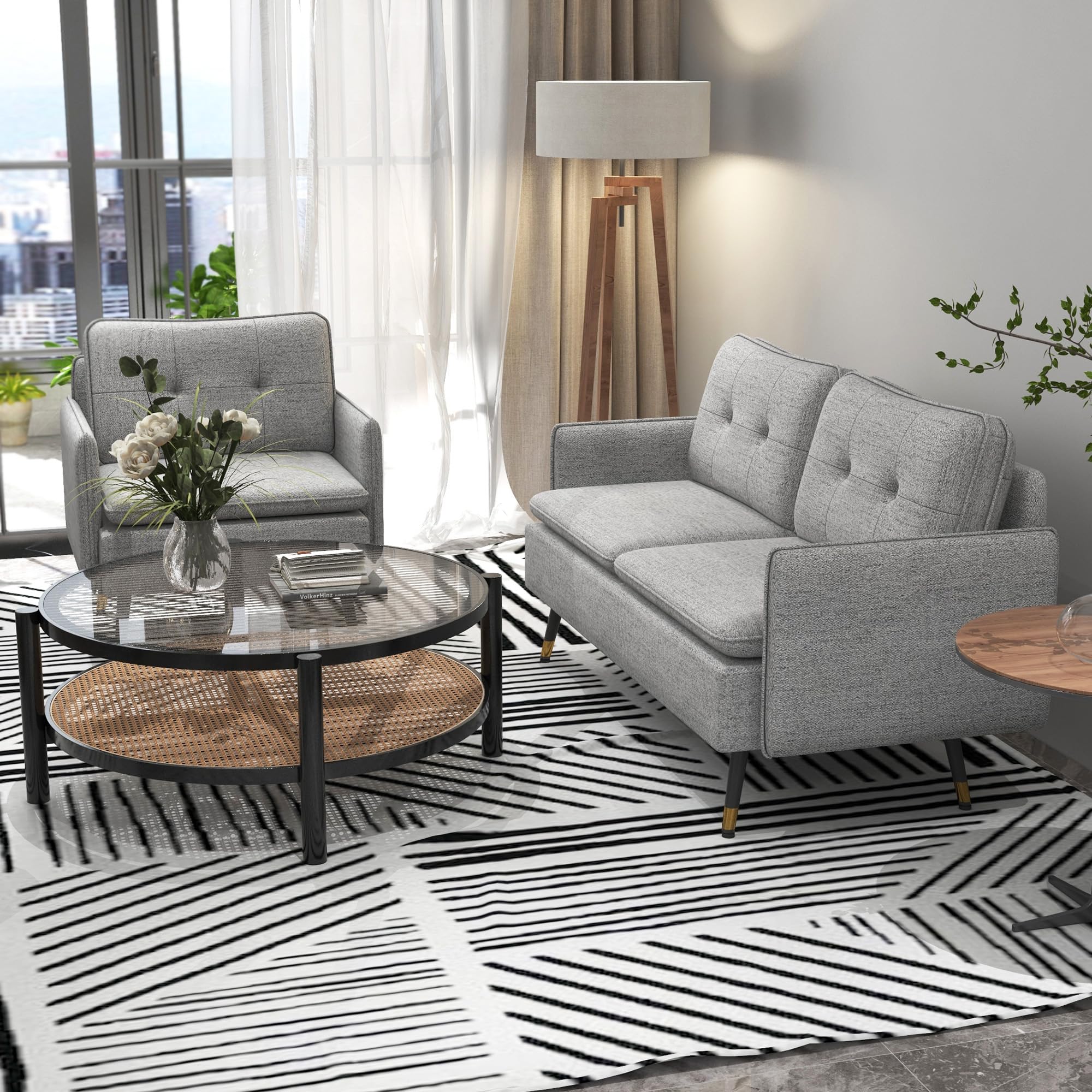 HOMCOM Conjunto de Sofá Incluye Sofá de 2 Plazas y Butaca de Salón Gris | 1 Butaca de Salón, Reposabrazos, Asiento Acolchado, Patas de Acero, Dormitorio, Oficina