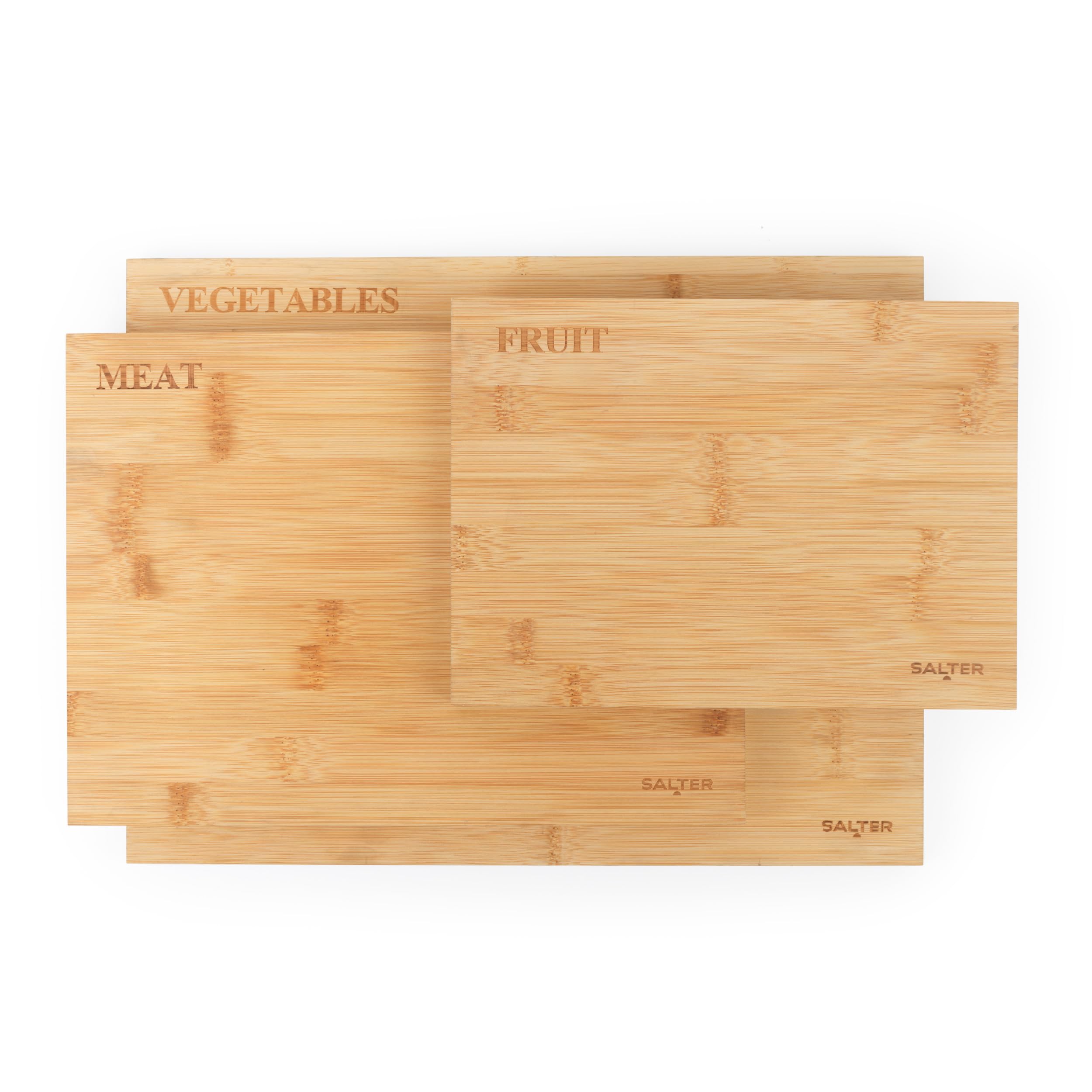 Salter Wooden Chopping Board Set - 3 Piece Cutting Board Set, Index Boards For Meat, Fruit, Vegetables, Protect Kitchen Worktop Surface, Rustic Design For Grazing/Food Preparation, Charcuterie, Bamboo