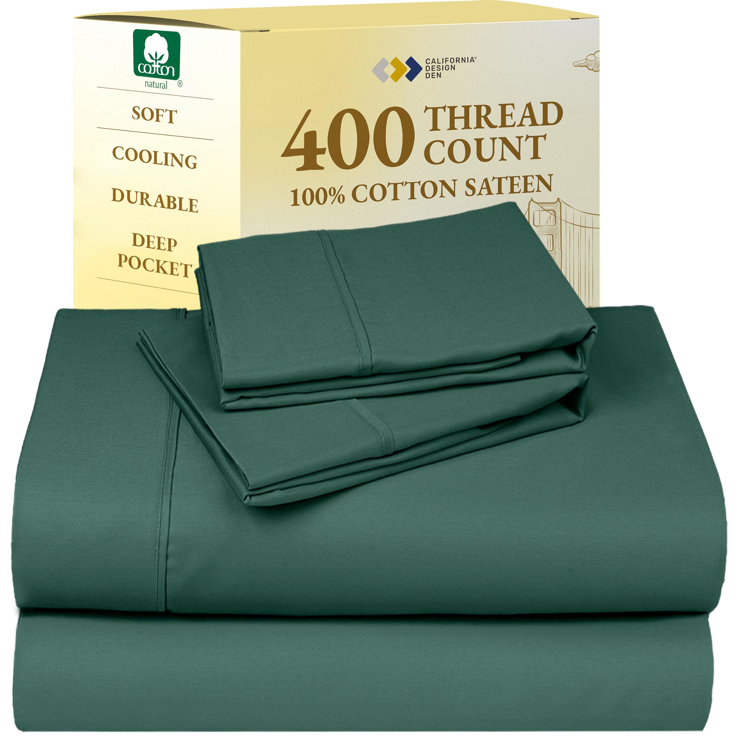 California Design Den Softest 100% Cotton Sheets, Full Size Sheet Sets, 4 Pc, 400 Thread Count Sateen Bedding, Deep Pocket Sheets, Cooling Sheets, Full Size Sheets, Breathable Bed Set (Hunter Green)