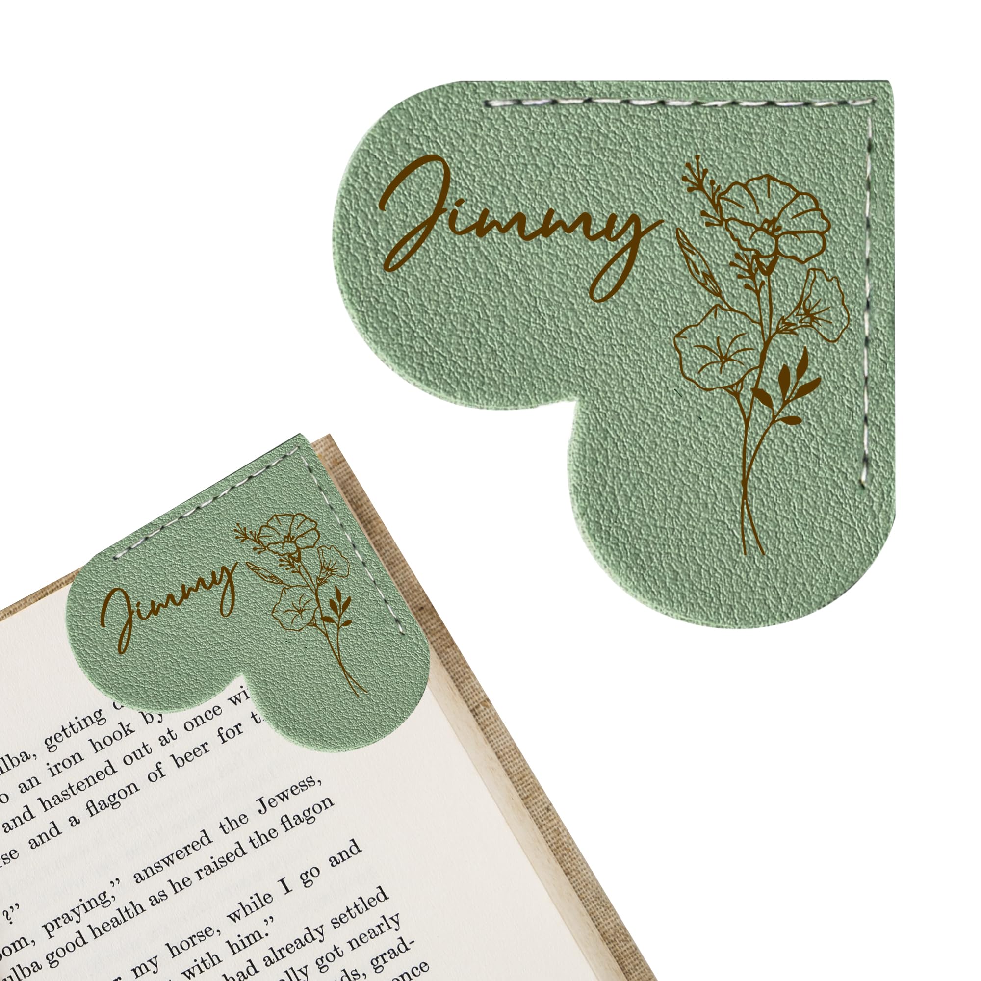 EDSG Personalised Heart Bookmark, Cute Corner Page Bookmarks Gifts for Women Men, Leather Engraved Book Marks Gifts for Birthday, Christmas, Graduation, Book Lovers, Teachers, Student (Green)