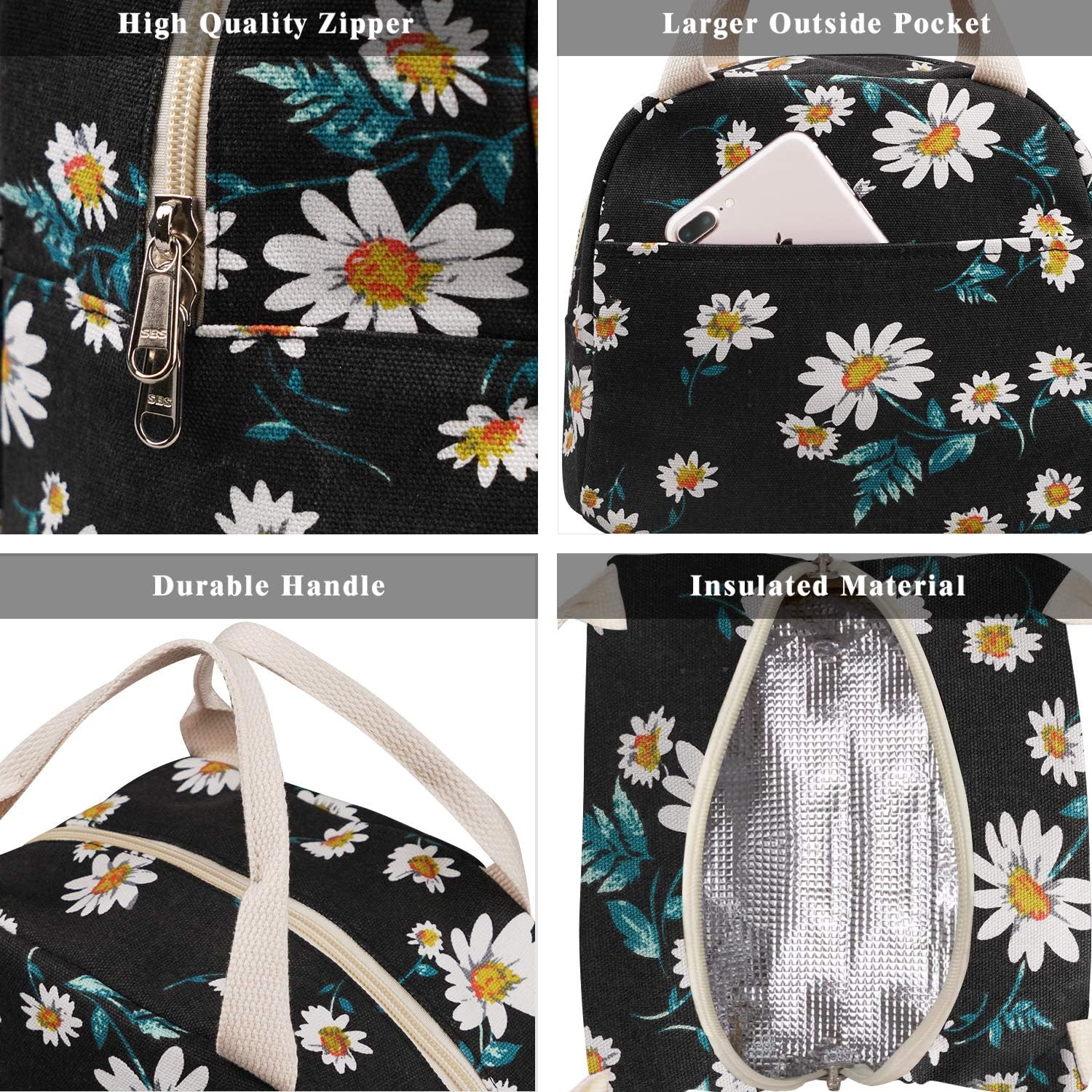 EurCross Women's Lunch Bags for Work with Chic Floral Daisy Pattern,Canvas Stylish and Insulated Black Lunch Tote Bento box Bag Carrier of On-the-Go Storage image 3