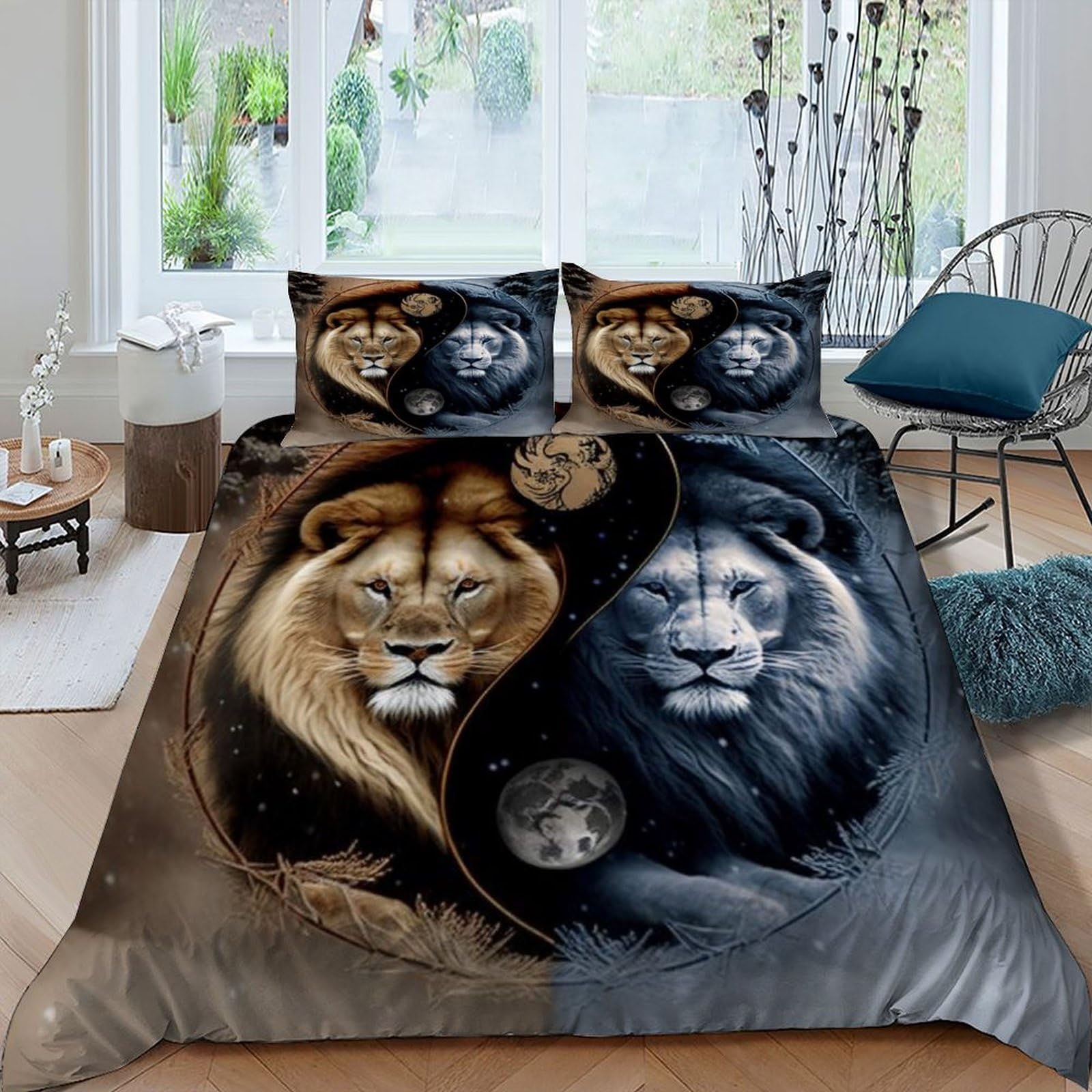 Housse de couette lion noir parure de lit king 220x240cm microfibres avec taies d'oreiller
