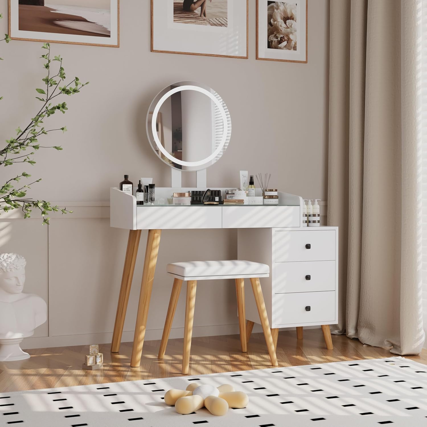 32" Dressing Table with LED Lights, Glass Top Tables with Extendable Side Table, Makeup Vanity with Storage, Versatile Table with 5 Drawers & Round Mirror and Stool for Bedroom Makeup Room, White