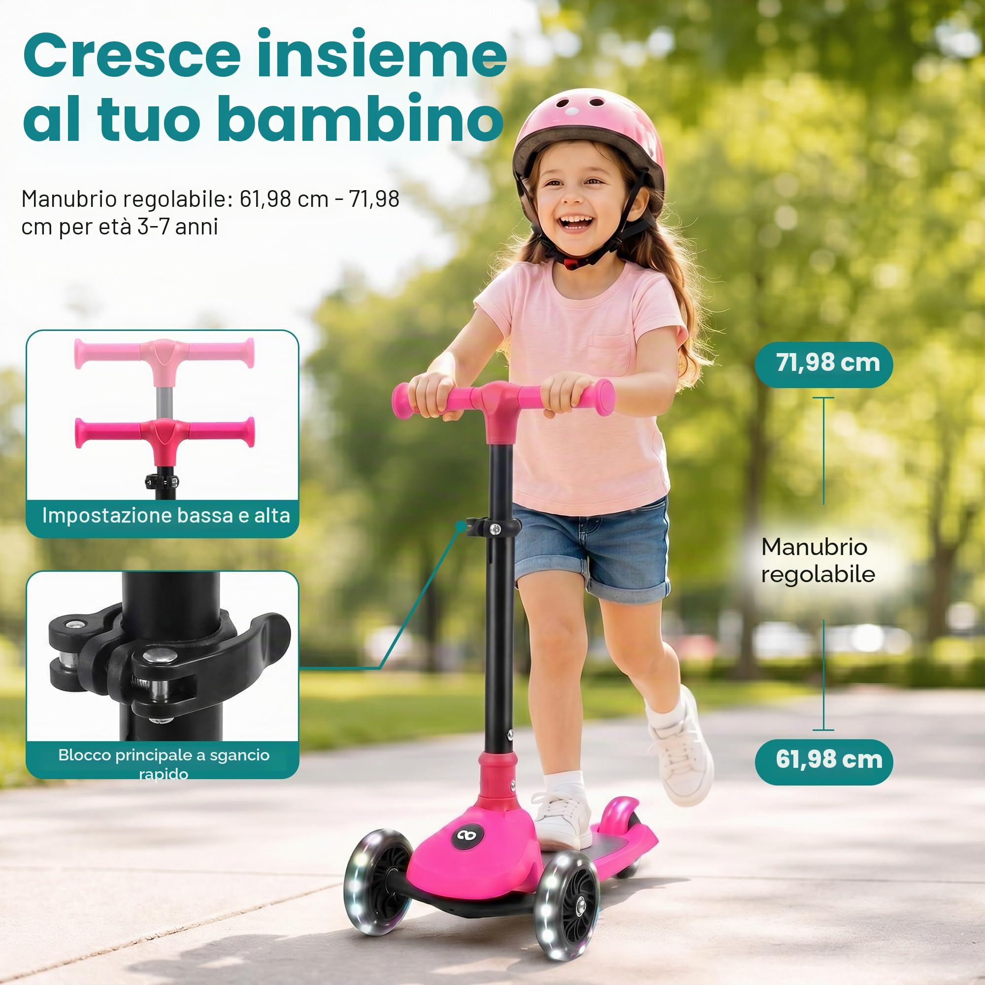 SereneLife Monopattino Bambino Pieghevole, Monopattino Bambina a 3 Ruote con Luci LED, Manubrio Regolabile e Freno, Monopattino a 3 Ruote, Scooter per Bambini e Bambine dai 3 Anni fino a 50 kg