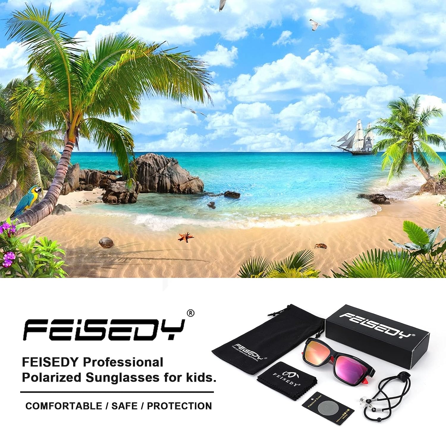 FEISEDY Kids Sunglasses UV400 Protection Polarized Lenses Boys Girls Age 3-9 TPEE Rubber Square Flexible Shades B2806