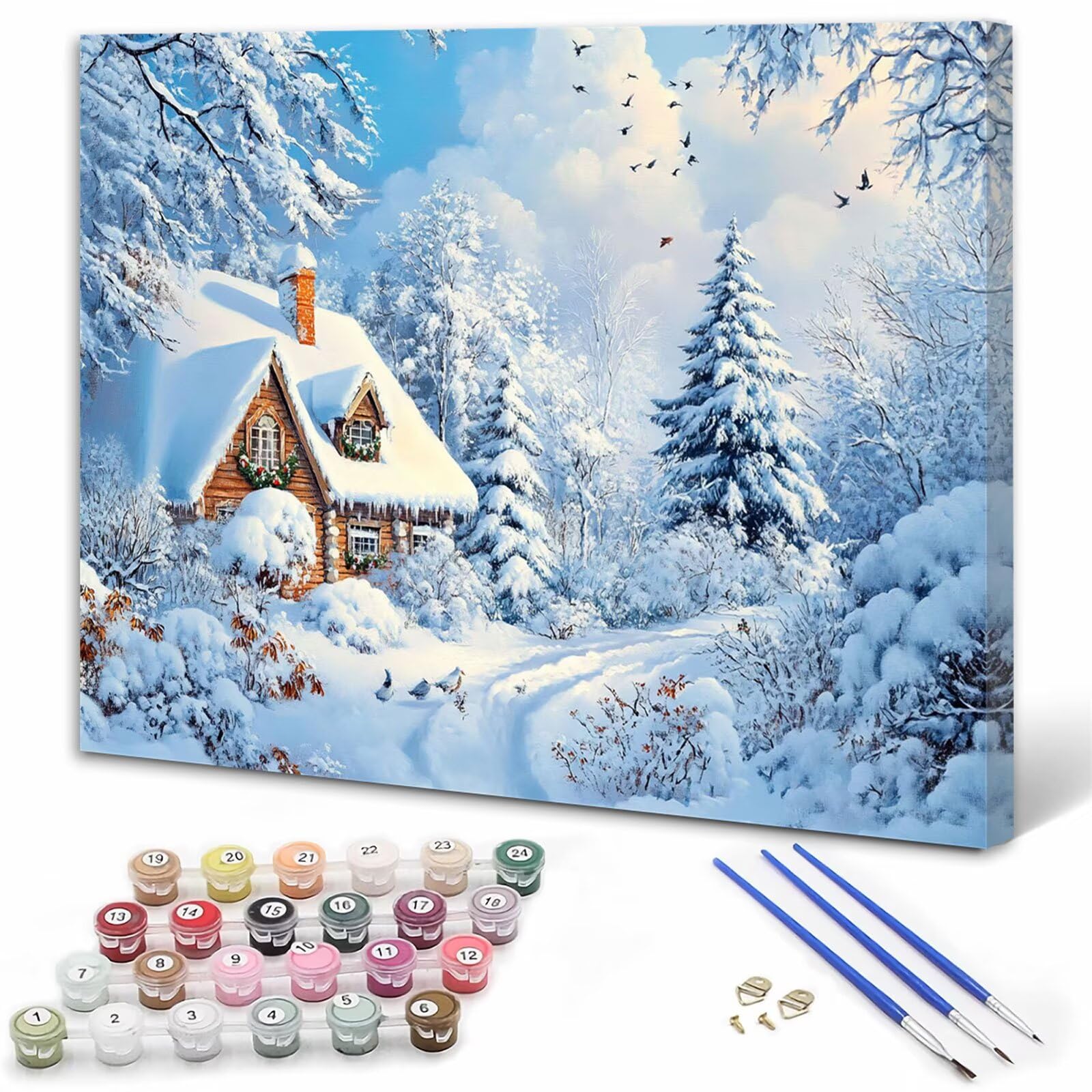 Dipingere con i Numeri Adulti Inverno Dipingere con i Numeri Casa di neve Paint by Numbers Hobby Creativi Adulti Fai Da Te Tela di Pittura a Olio Kit, Decorazioni Regalo 60x90cm Senza Cornice Y3-191