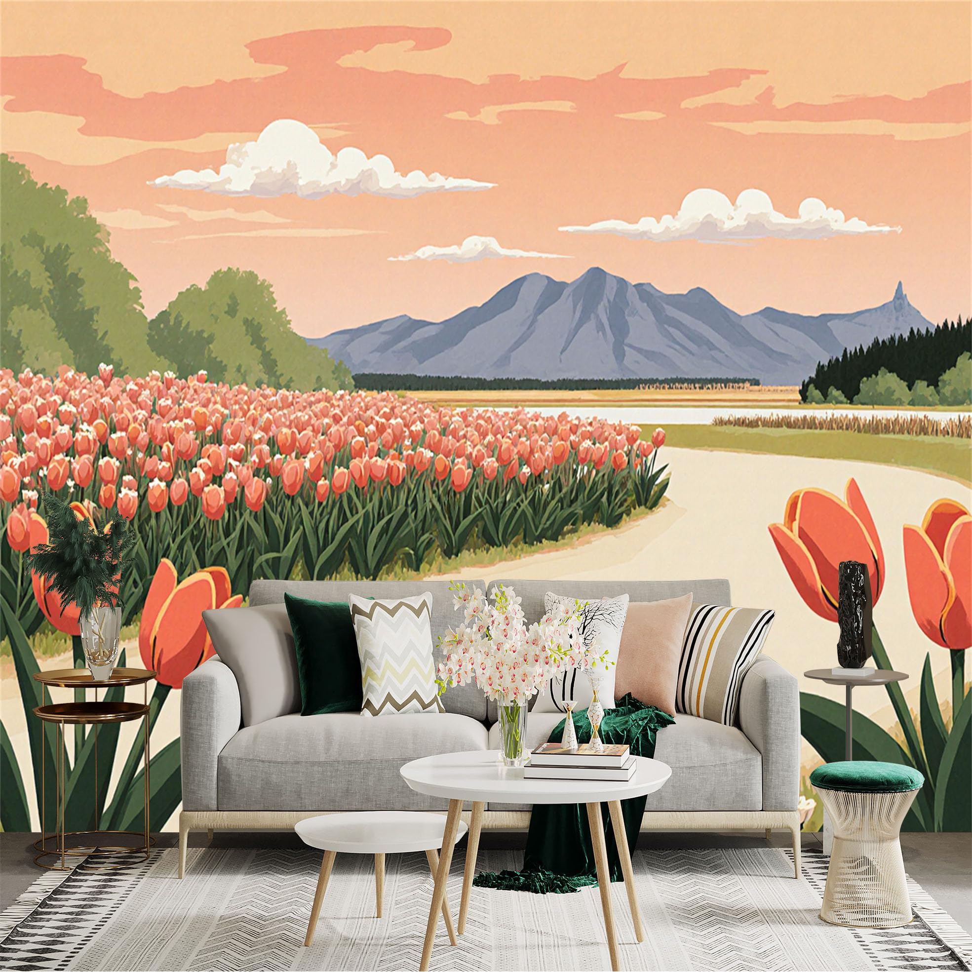 Custom Size Wall Sticker Mural， Spring Tulip Flower Field， Scenic Mountain Landscape， Sunset Aesthetic Scenery， for wall Decoration， peelandstick wall Decals.
