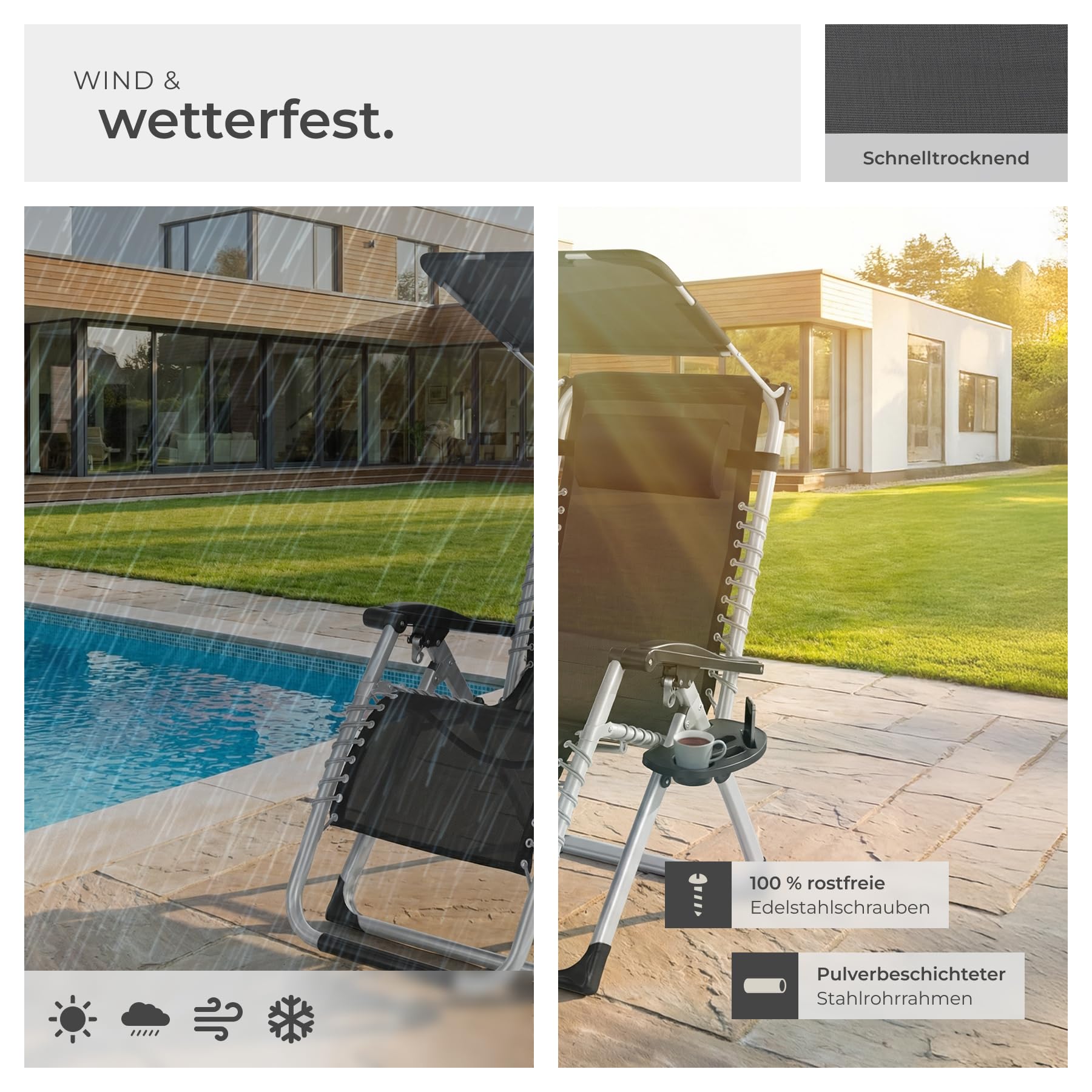 tectake® Sonnenliege klappbar, Liegestuhl, Gartenliege mit Sonnendach, Outdoor Sessel für Balkon oder Garten, Liege mit extra Dicker Auflage, Relaxliege belastbar bis 200kg - hellgrau, 2er Set