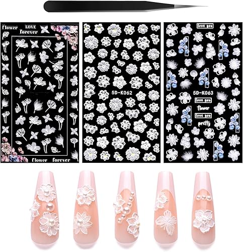 Calcomanías de arte de uñas de flores 5D, 3 hojas en relieve, huecas, exquisitas pegatinas 3D, autoadhesivas, encaje blanco, hojas florales, plumas,