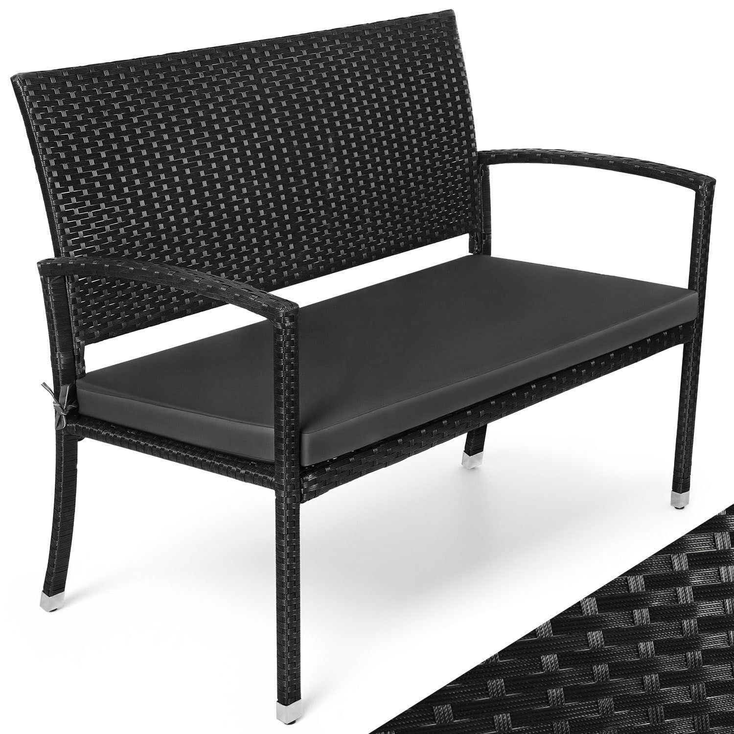 Banc de jardin résistant aux intempéries avec coussin, banc de balcon en polyrotin 2 places, 112 x 58 x 90 cm, banc d'extérieur charge jusqu'à 227 kg, banc avec dossier et accoudoirs, noir
