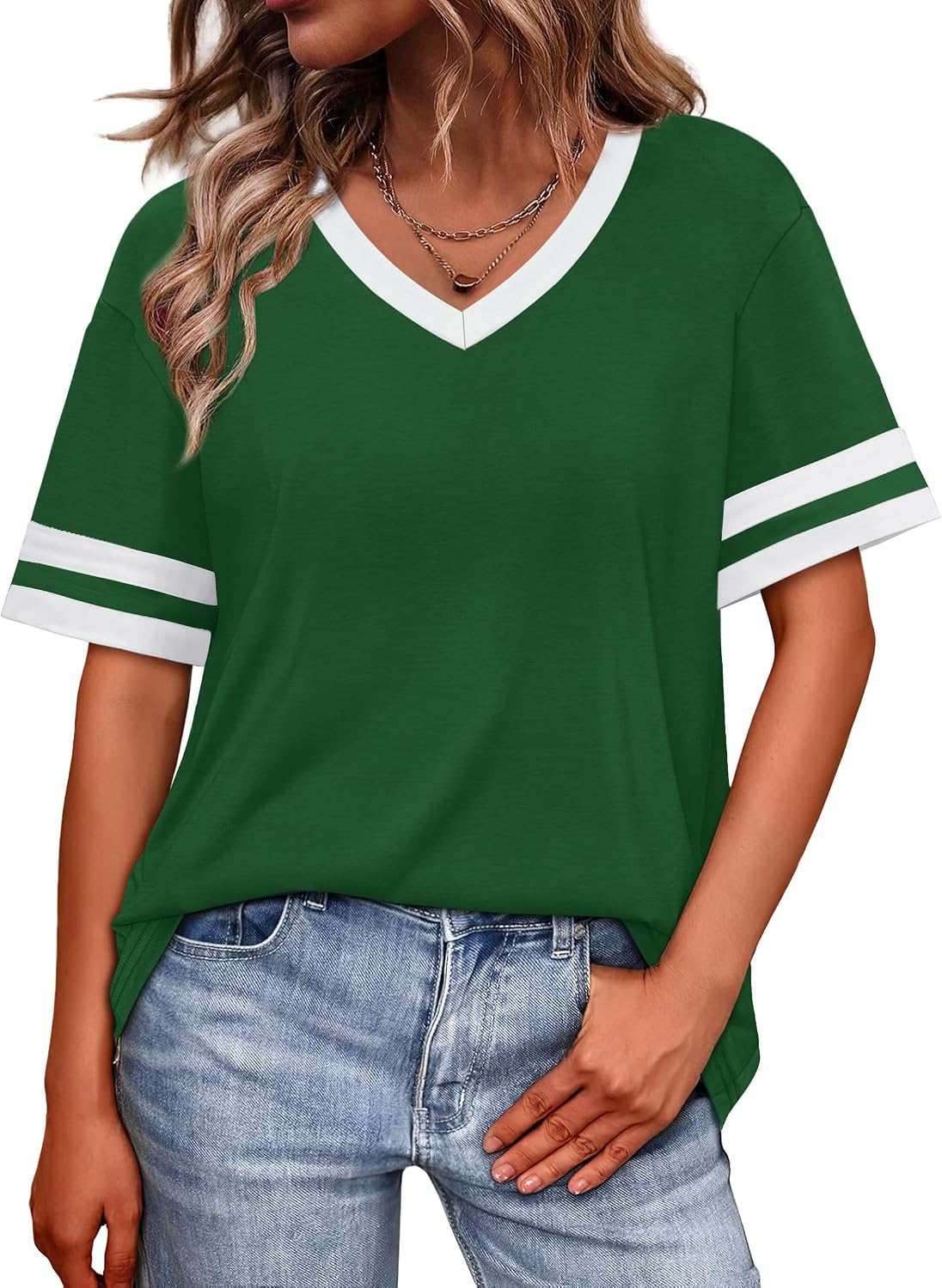 WIHOLL Womens T Shirts Loose Fit Short Sleeve Tees V Neck Color Block Summer Tops 2026 Fashion S-4XL image 2