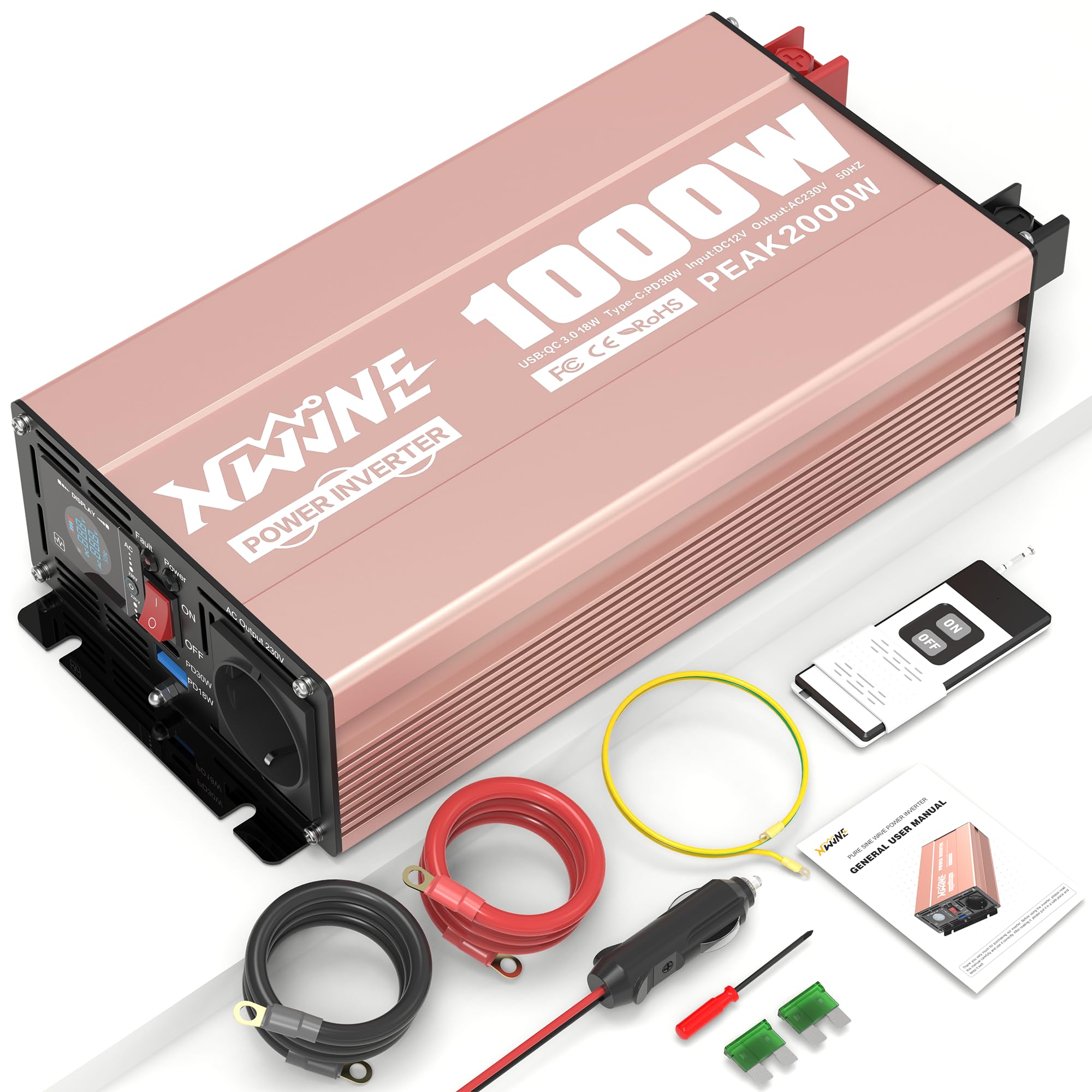 XWJNE 1000W Convertisseur Pur Sinus 12V 220V Onduleur avec Prise EU AC, Port USB-A et USB-C, Télécommande sans Fil, écran LCD, Convertisseur de Tension pour Voitures, Camping-Cars, Camions, Voyages