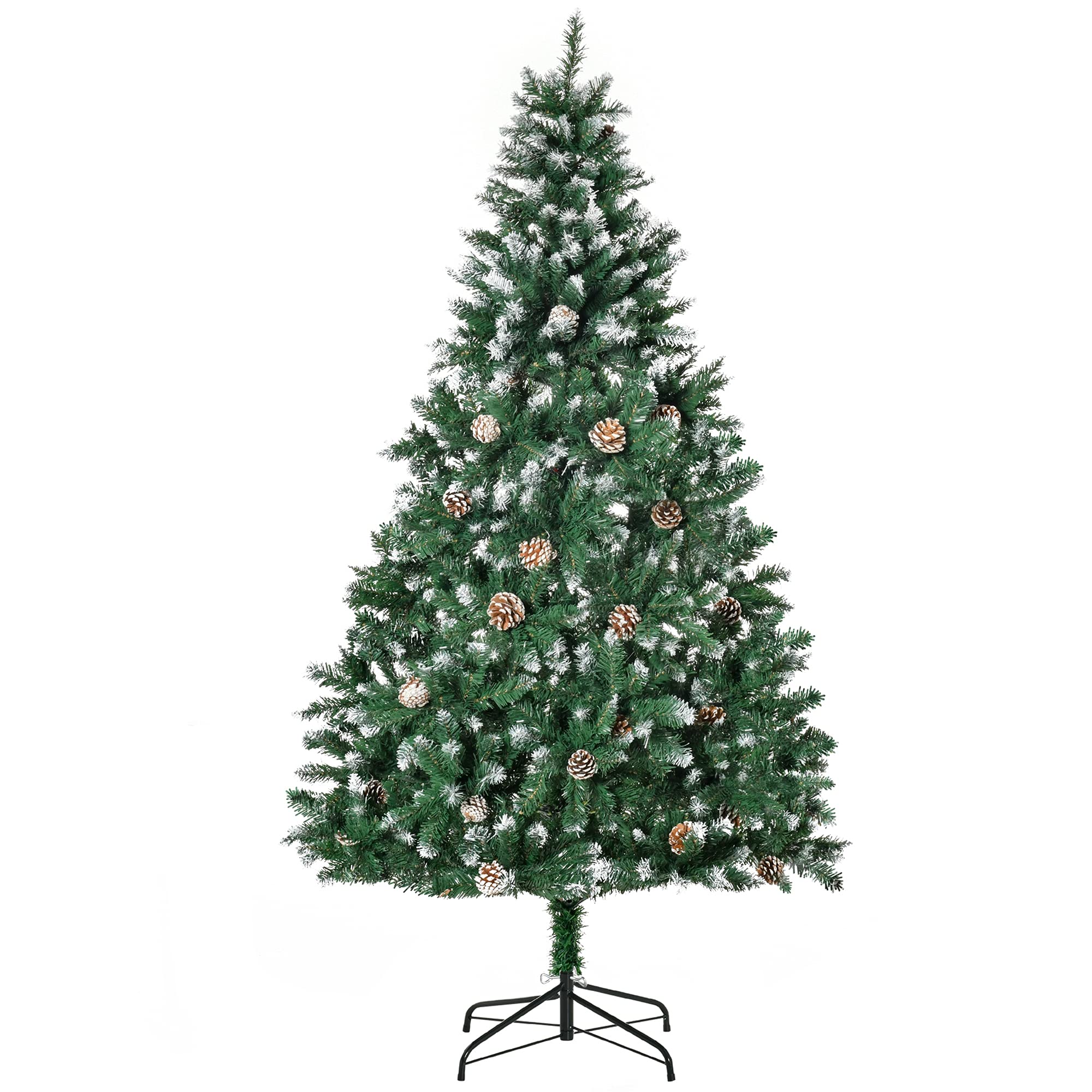 HOMCOM Künstlicher Weihnachtsbaum 180 cm Kieferbaum mit 59 Zapfen Schnee | 1111 Spitzen, Christbaum, Weihnachtsdeko, Inkl. Metallständer, für drinnen
