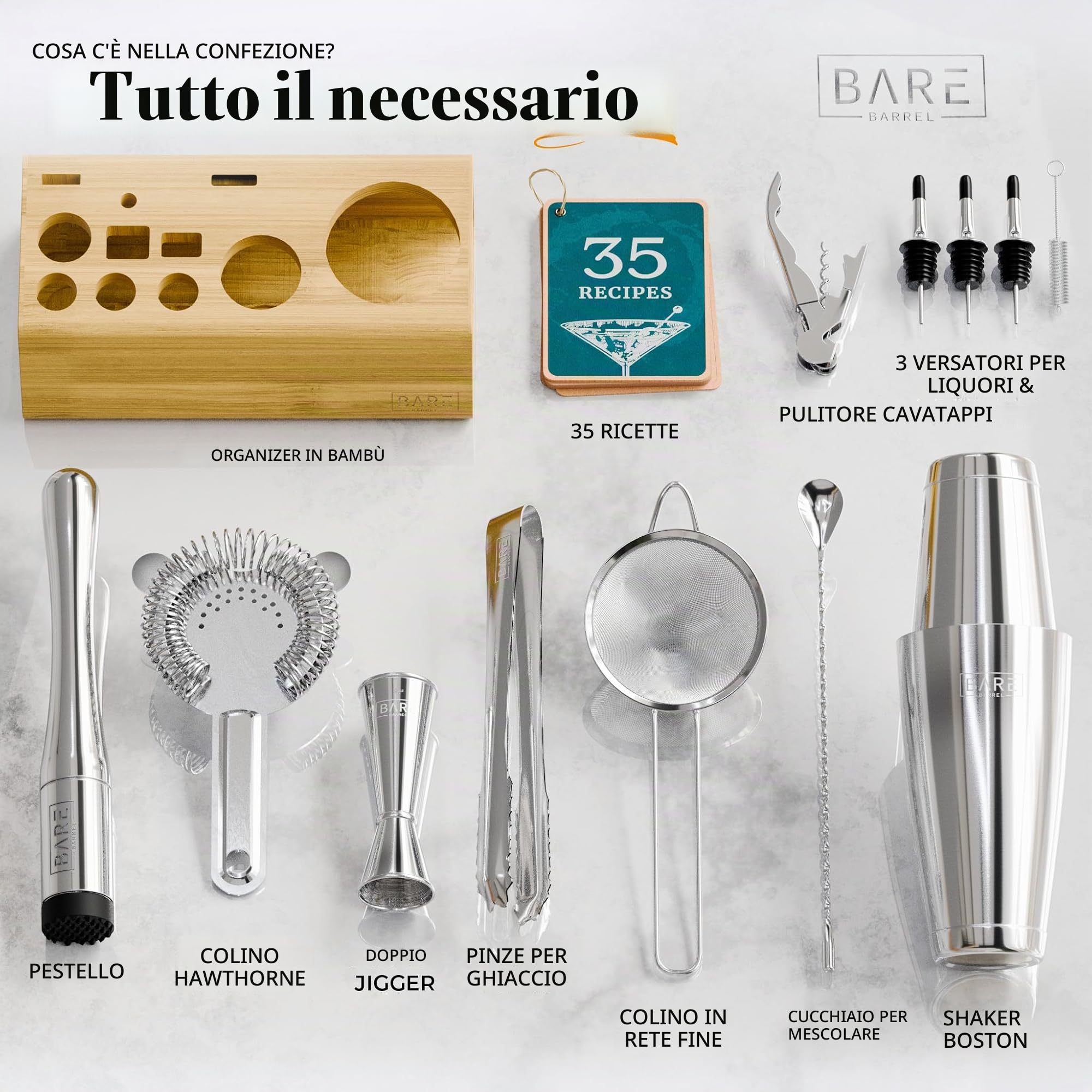 Kit cocktail Pro | Kit Bartender Mixology | Set di shaker per cocktail da 14 pezzi, accessori Martini Home Bartending Bar | incl. 35 schede per ricette, set regalo (Shaker Boston da 800 ml/28 oz