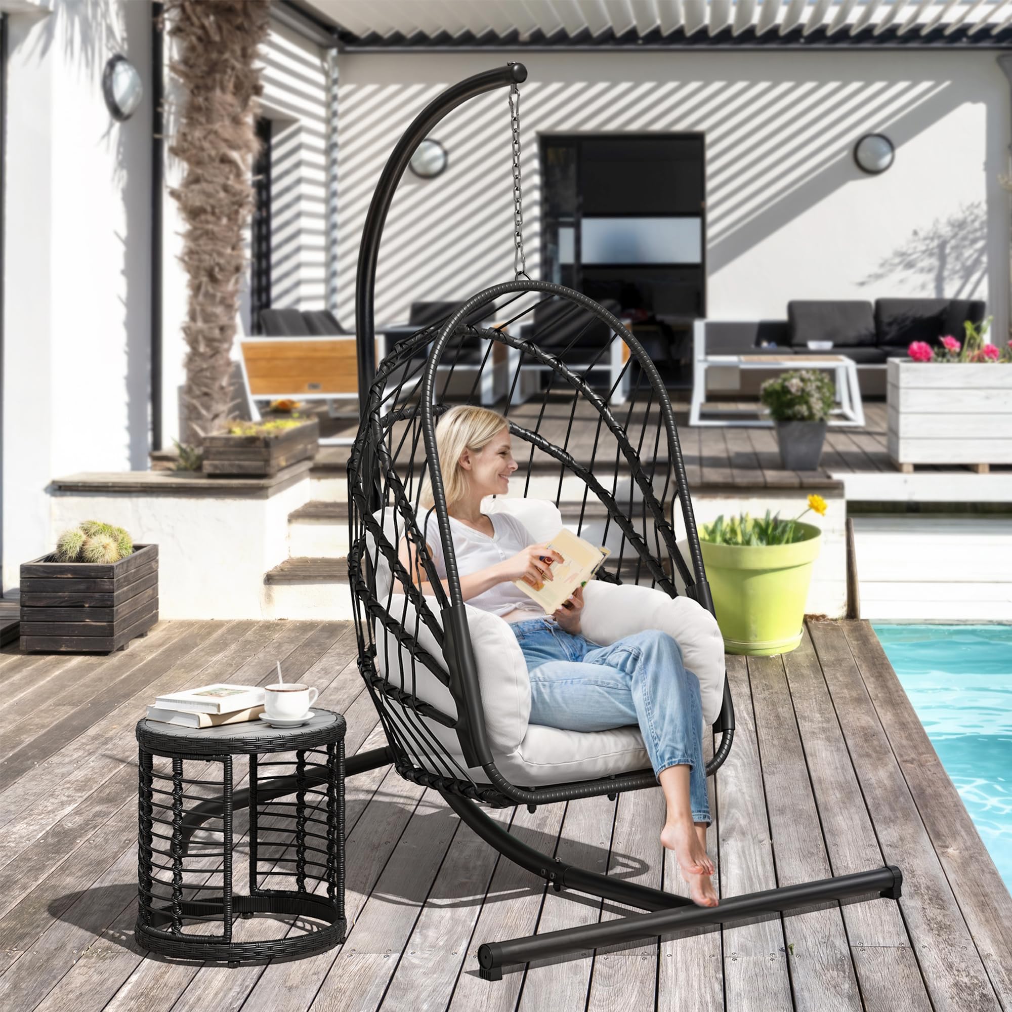 YITAHOME Hängesessel mit Ständer, Rattan-Korb Schaukelstuhl mit strapazierfähiger Polsterung, 160 kg Tragfähigkeit, Klappbarer Hänge-Korbstuhl für Terrasse, Garten, Schlafzimmer, Balkon (Grau)