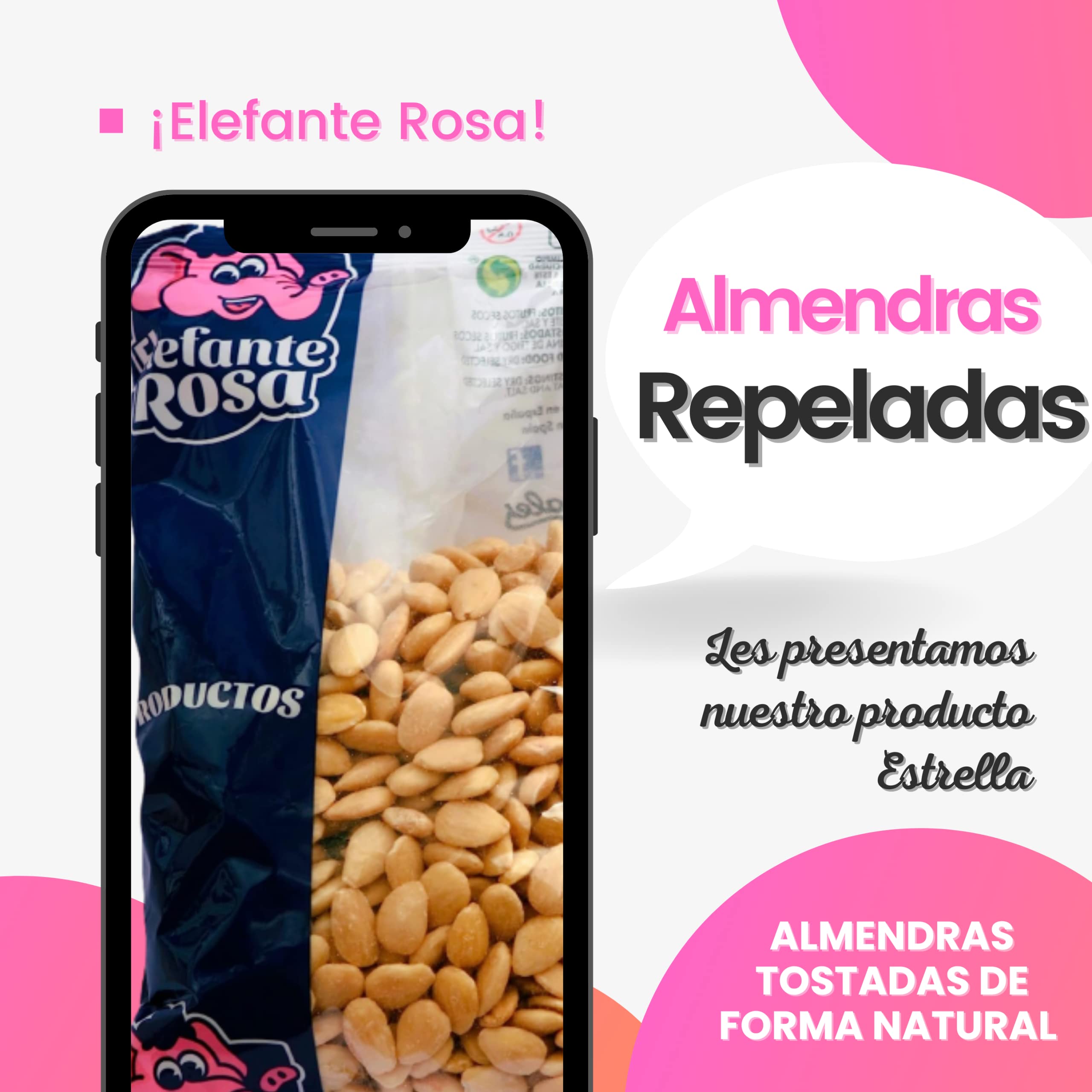 Almendras Peladas Crudas Bolsa de 1 Kg El Elefante Rosa - Fuente Rica y Saludable de Proteínas y Vitaminas - Almendras Naturales Enteras para una Dieta Balanceada y Snack Saludable