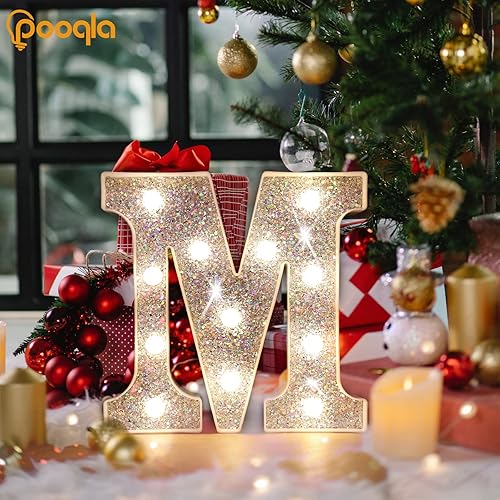 Miniatura 3 de Pooqla Letras con luces LED, letras plateadas iluminadas con purpurina, letras del alfabeto, letreros que funcionan con pilas, para iluminar por la